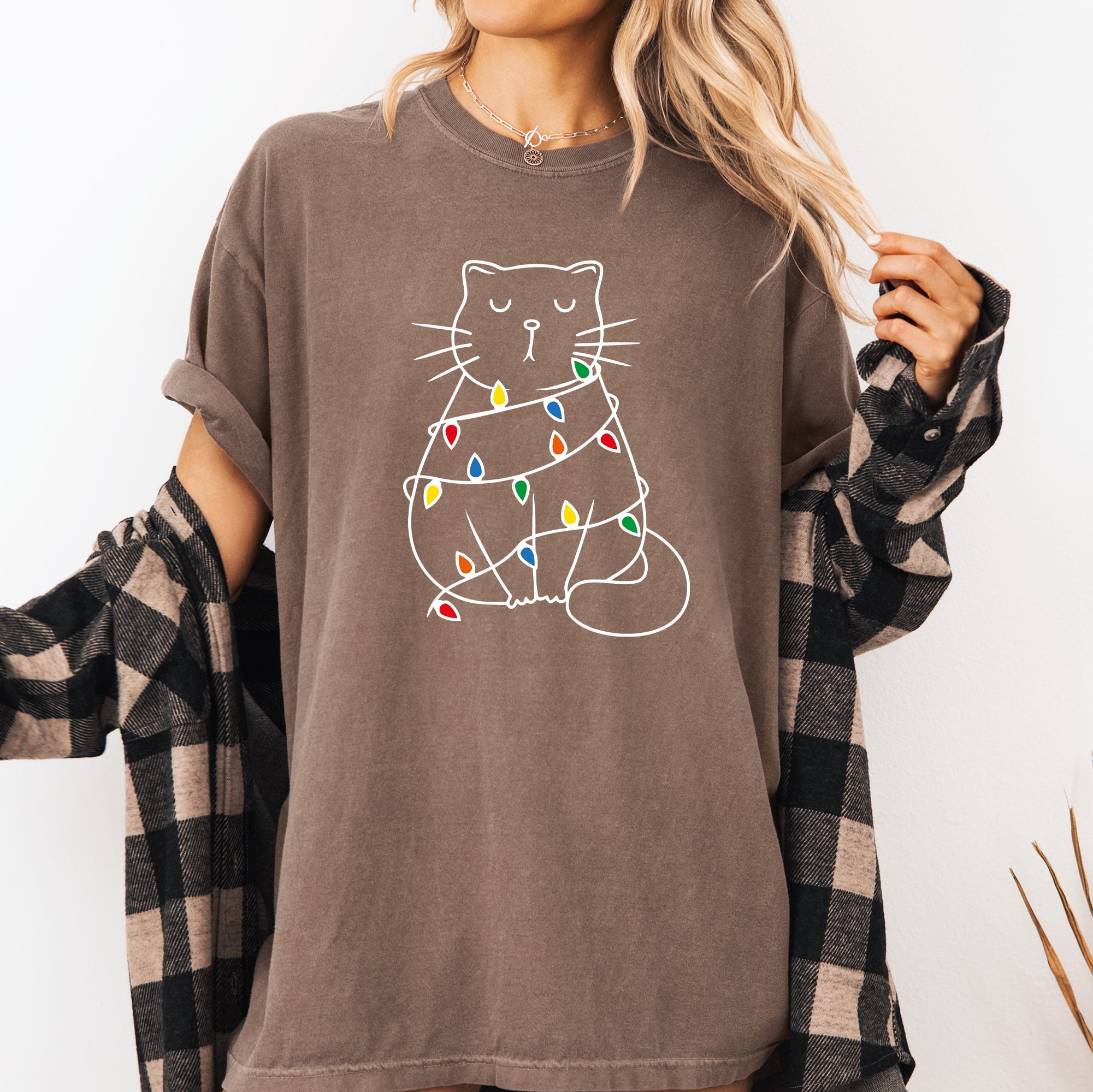 Christmas Cat Lights Santa Feline Holiday Cheer For Cat Lovers Comfort Colors Tee