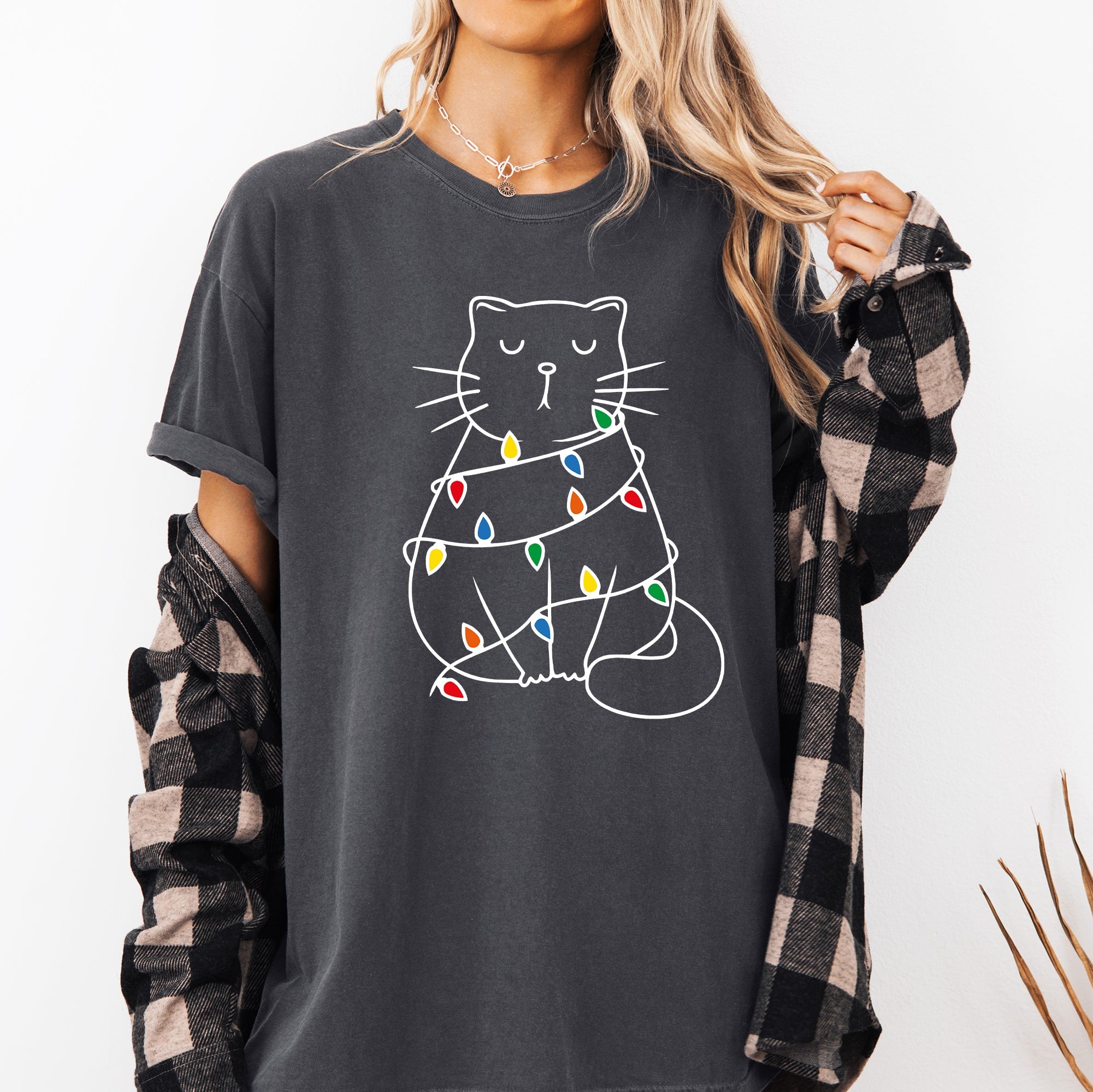 Christmas Cat Lights Santa Feline Holiday Cheer For Cat Lovers Comfort Colors Tee