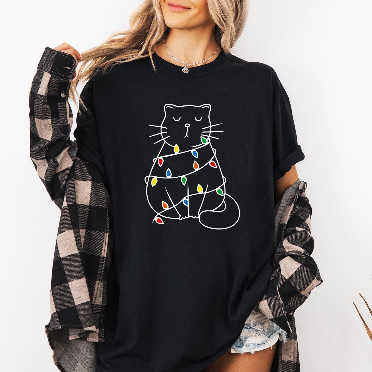 Christmas Cat Lights Santa Feline Holiday Cheer For Cat Lovers Comfort Colors Tee