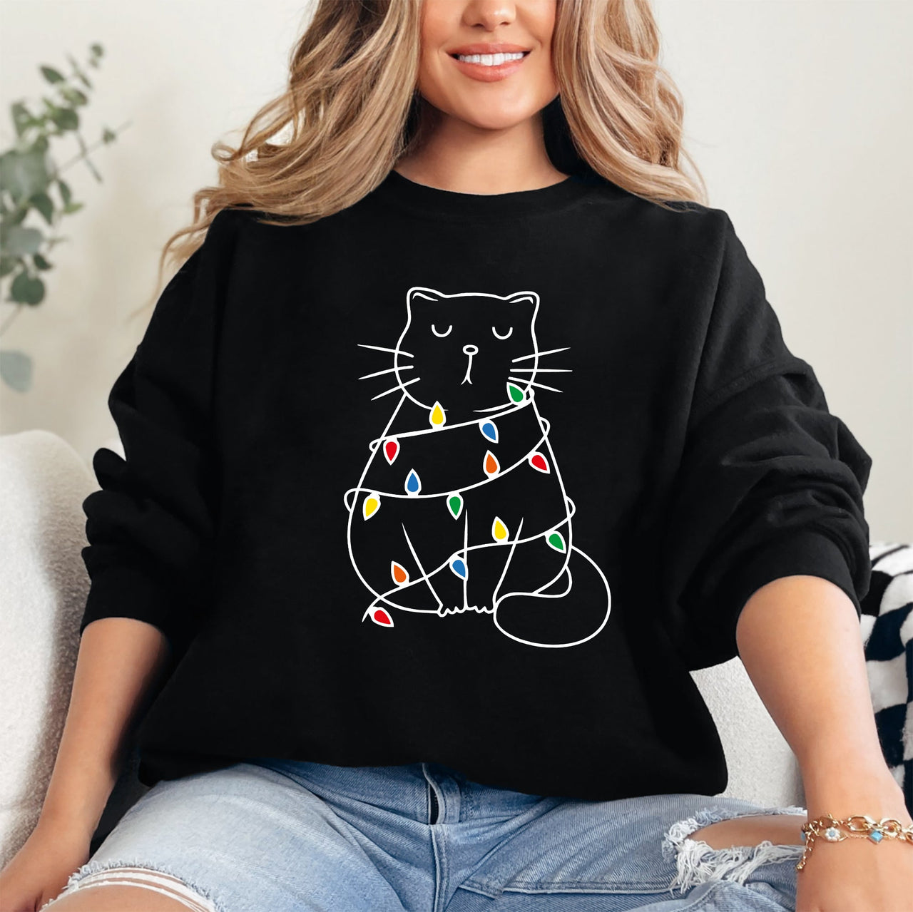 Christmas Cat Lights Santa Feline Cat Lover Festive Holiday Cozy Warm Winter Nights Sweatshirt