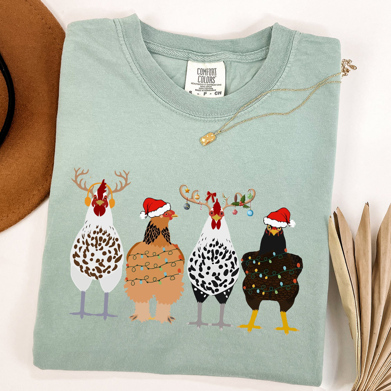 Christmas Chickens In A Row Chicken Lovers Santa Farm Life Winter Snow Xmas Comfort Colors Tee