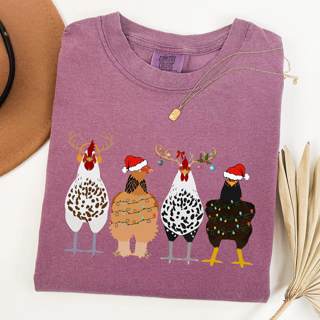 Christmas Chickens In A Row Chicken Lovers Santa Farm Life Winter Snow Xmas Comfort Colors Tee
