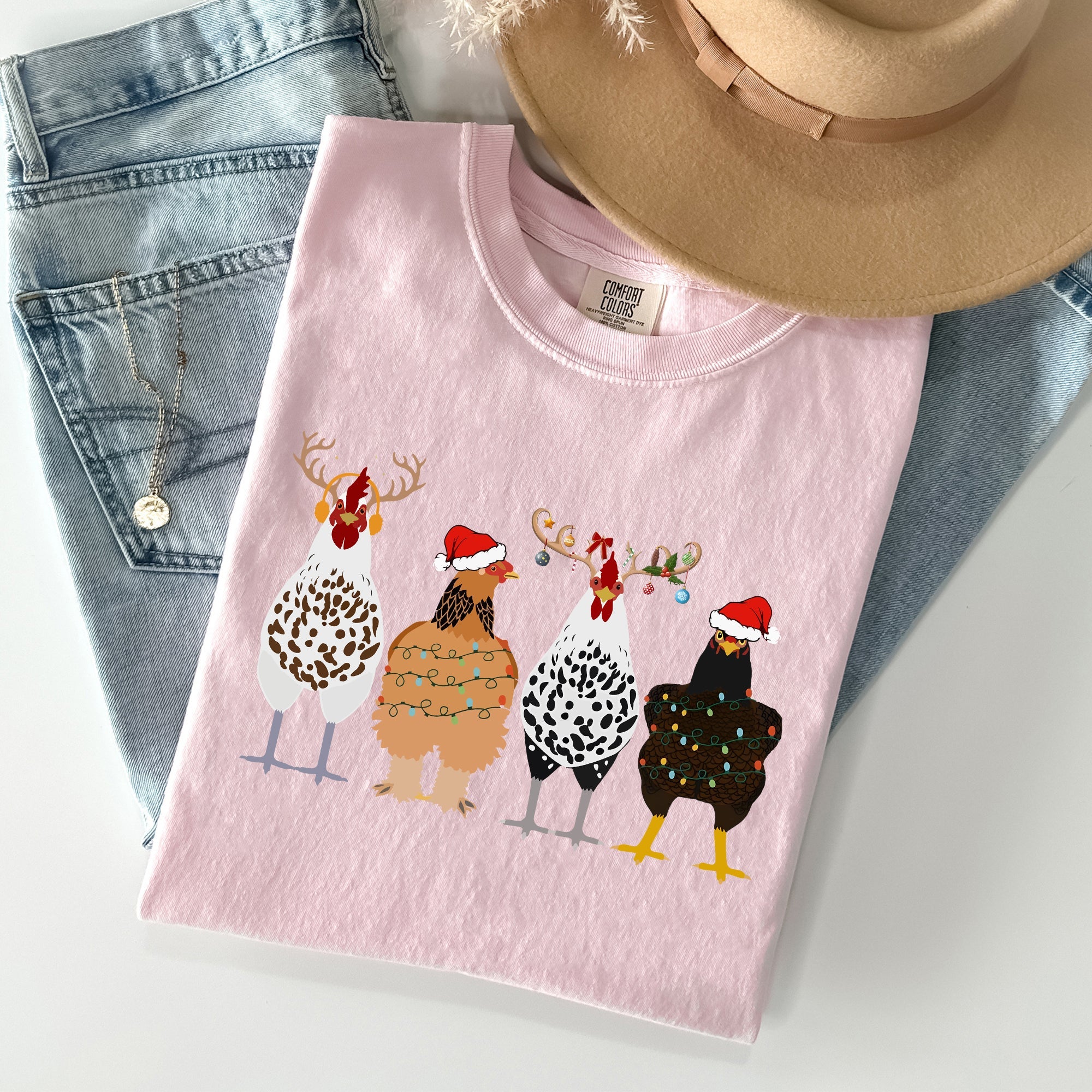 Christmas Chickens In A Row Chicken Lovers Santa Farm Life Winter Snow Xmas Comfort Colors Tee