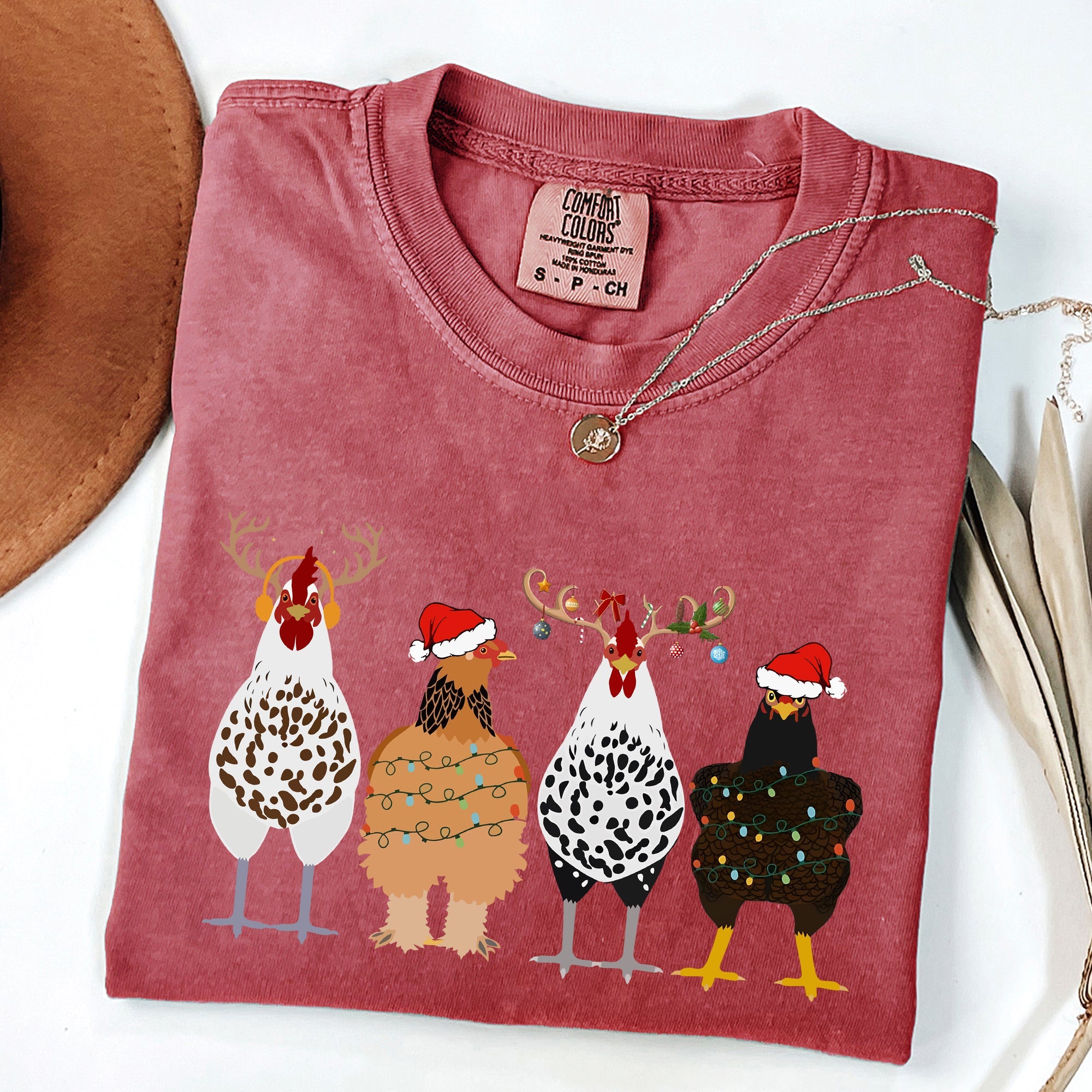 Christmas Chickens In A Row Chicken Lovers Santa Farm Life Winter Snow Xmas Comfort Colors Tee