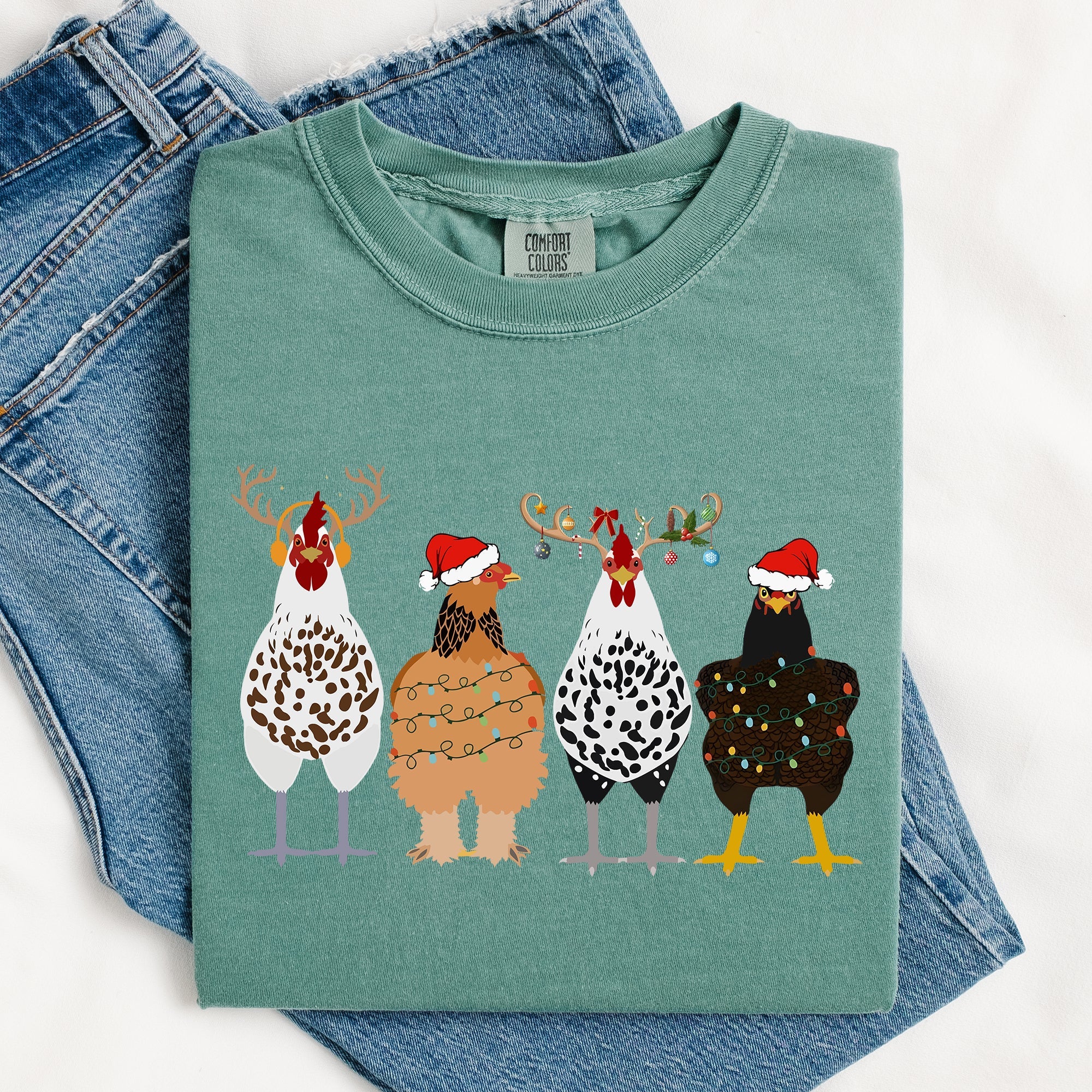 Christmas Chickens In A Row Chicken Lovers Santa Farm Life Winter Snow Xmas Comfort Colors Tee