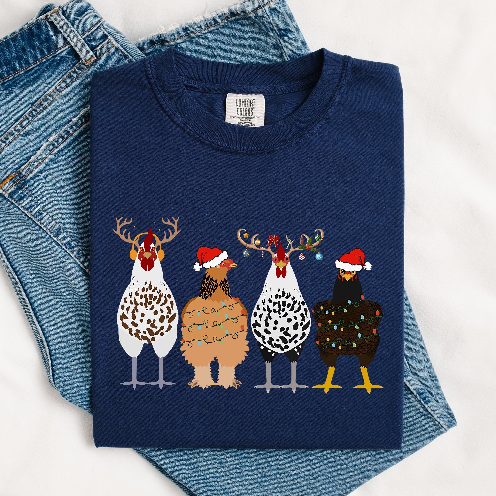 Christmas Chickens In A Row Chicken Lovers Santa Farm Life Winter Snow Xmas Comfort Colors Tee