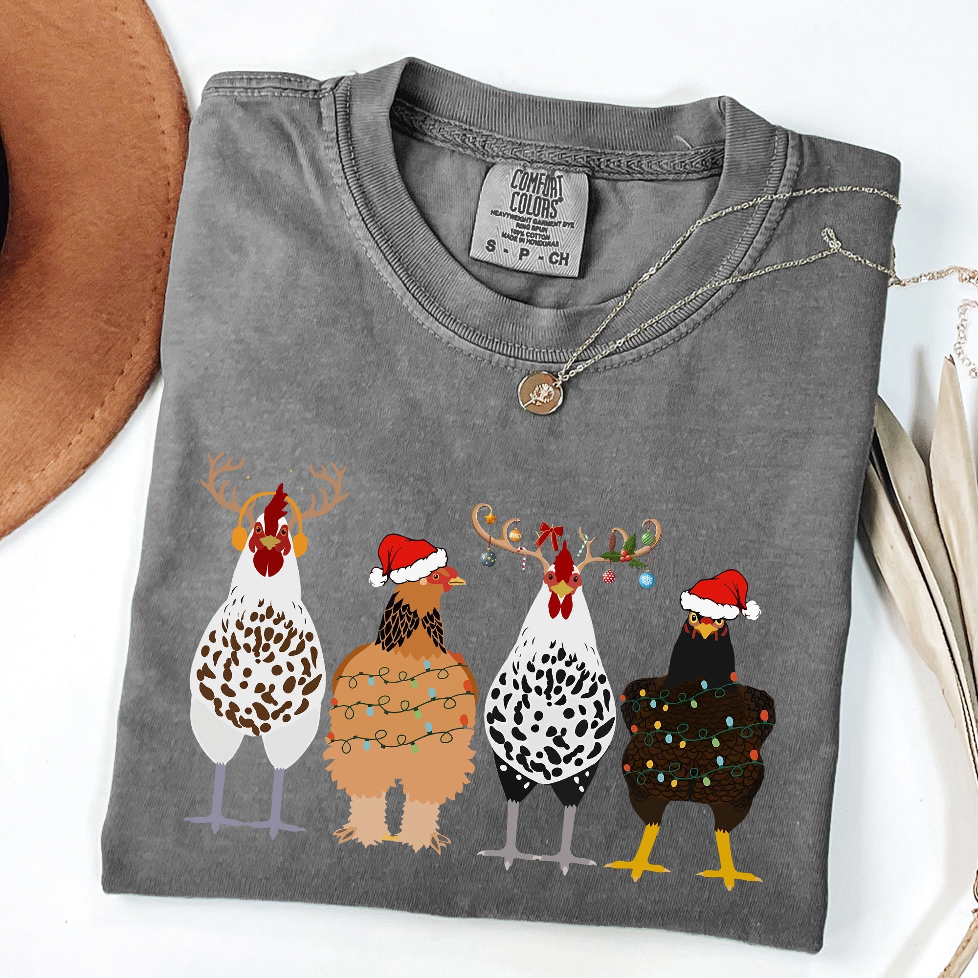Christmas Chickens In A Row Chicken Lovers Santa Farm Life Winter Snow Xmas Comfort Colors Tee