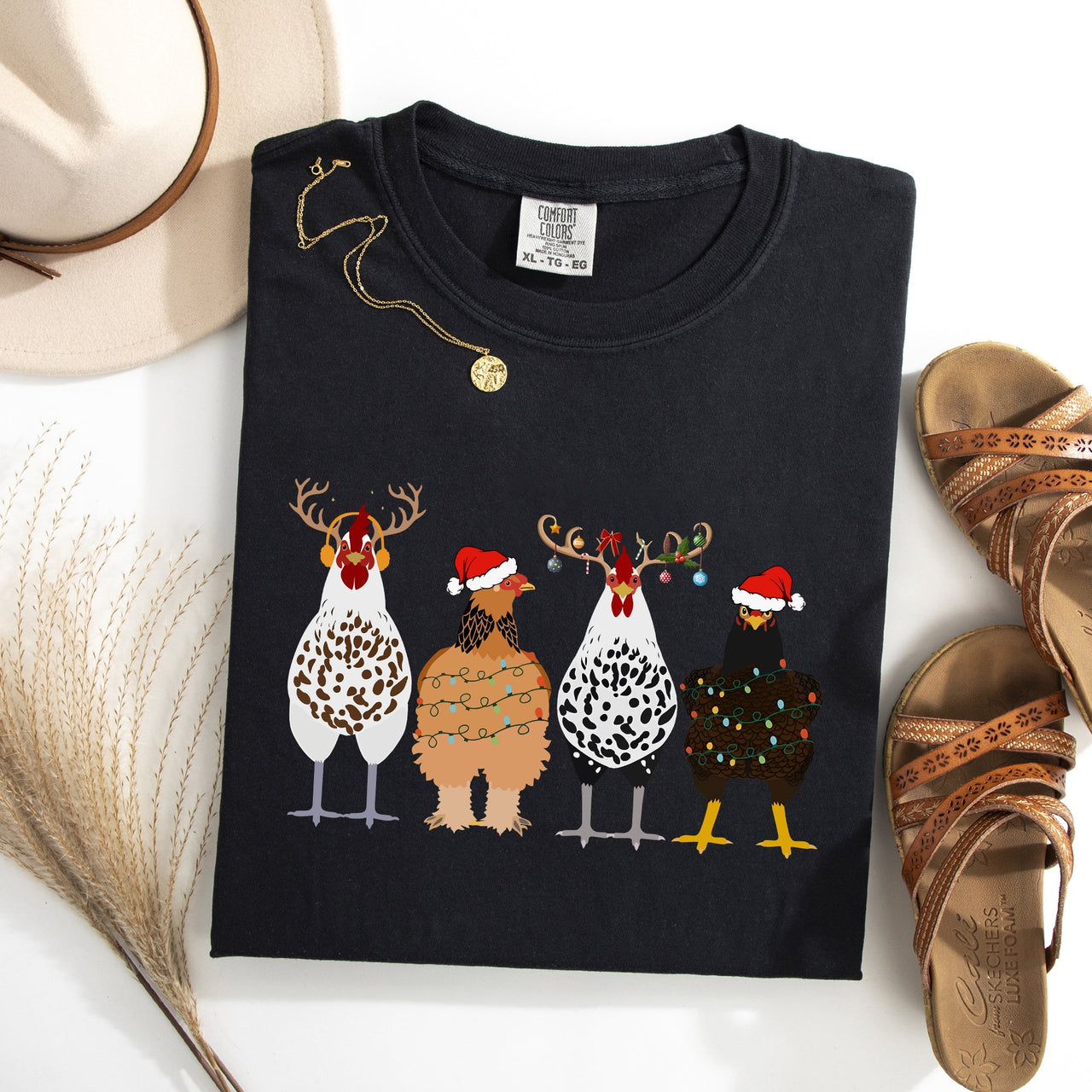 Christmas Chickens In A Row Chicken Lovers Santa Farm Life Winter Snow Xmas Comfort Colors Tee