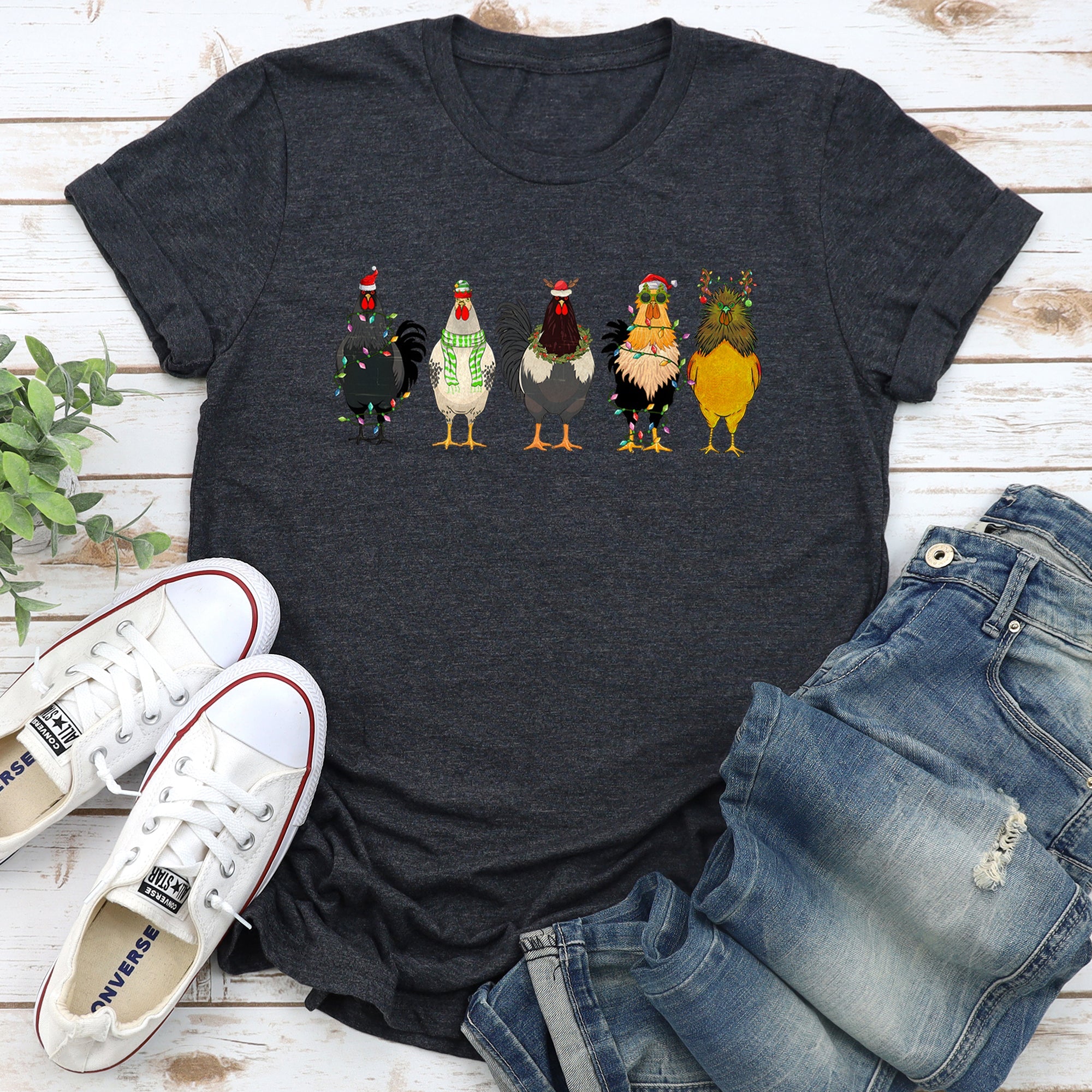 Christmas Chickens Santa Farm Life Cozy Farmhouse Theme Rustic Country Style Playful Graphic Tee