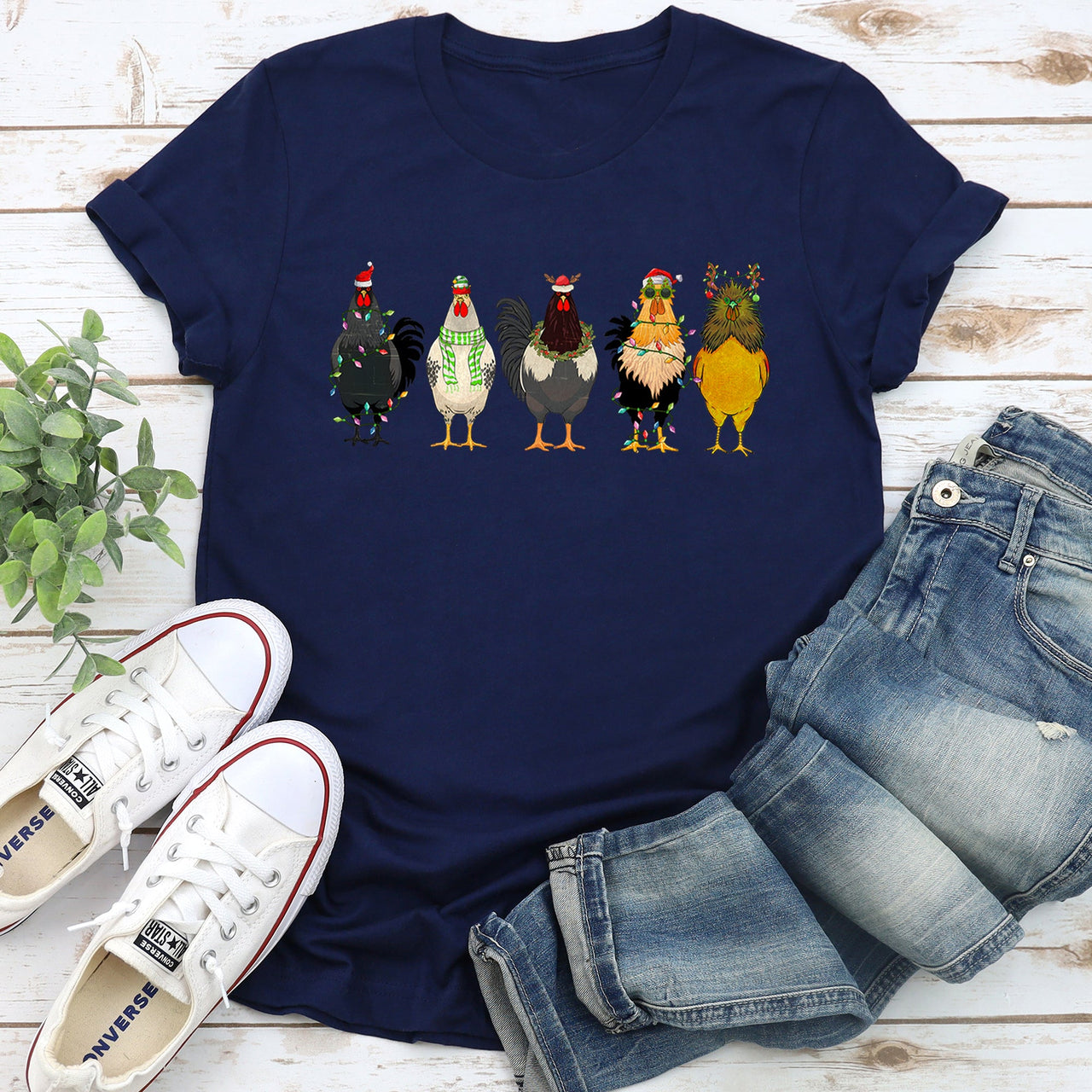 Christmas Chickens Santa Farm Life Cozy Farmhouse Theme Rustic Country Style Playful Graphic Tee