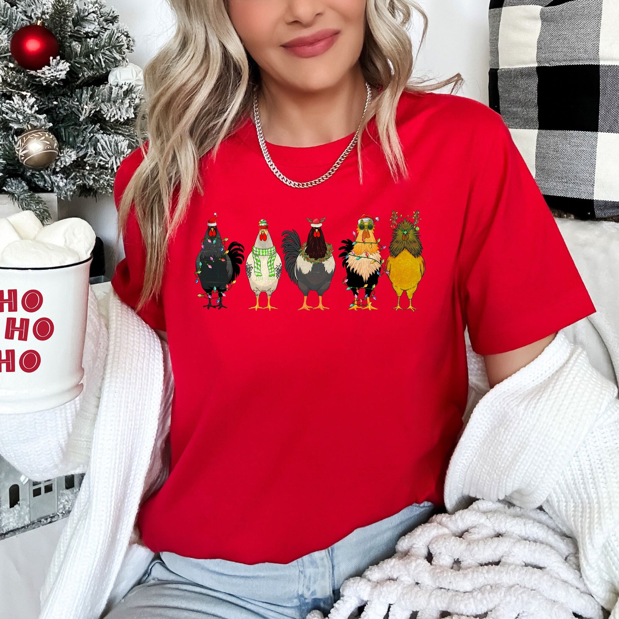 Christmas Chickens Santa Farm Life Cozy Farmhouse Theme Rustic Country Style Playful Graphic Tee