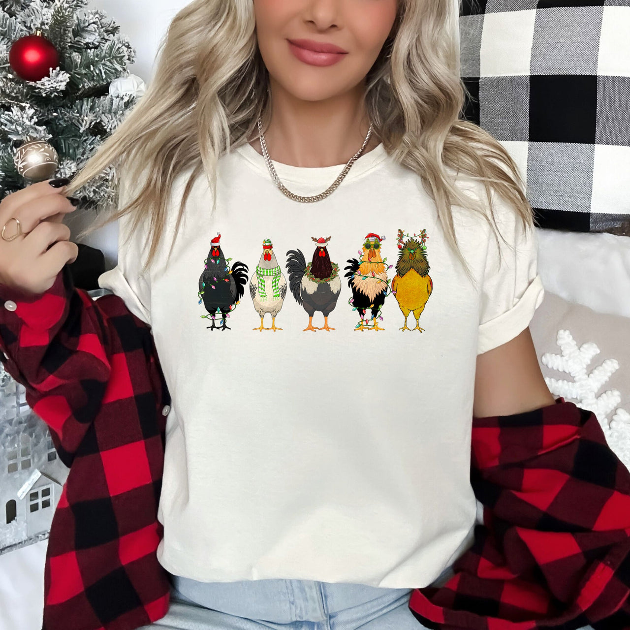 Christmas Chickens Santa Farm Life Cozy Farmhouse Theme Rustic Country Style Playful Graphic Tee
