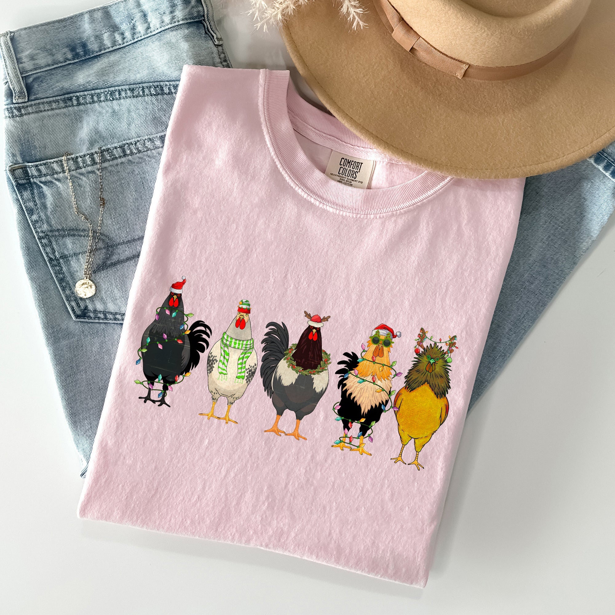 Christmas Chickens Santa Farm Life Winter Snow Xmas Village Holiday Scene Cozy Festive Farmyard Comfort Colors Tee