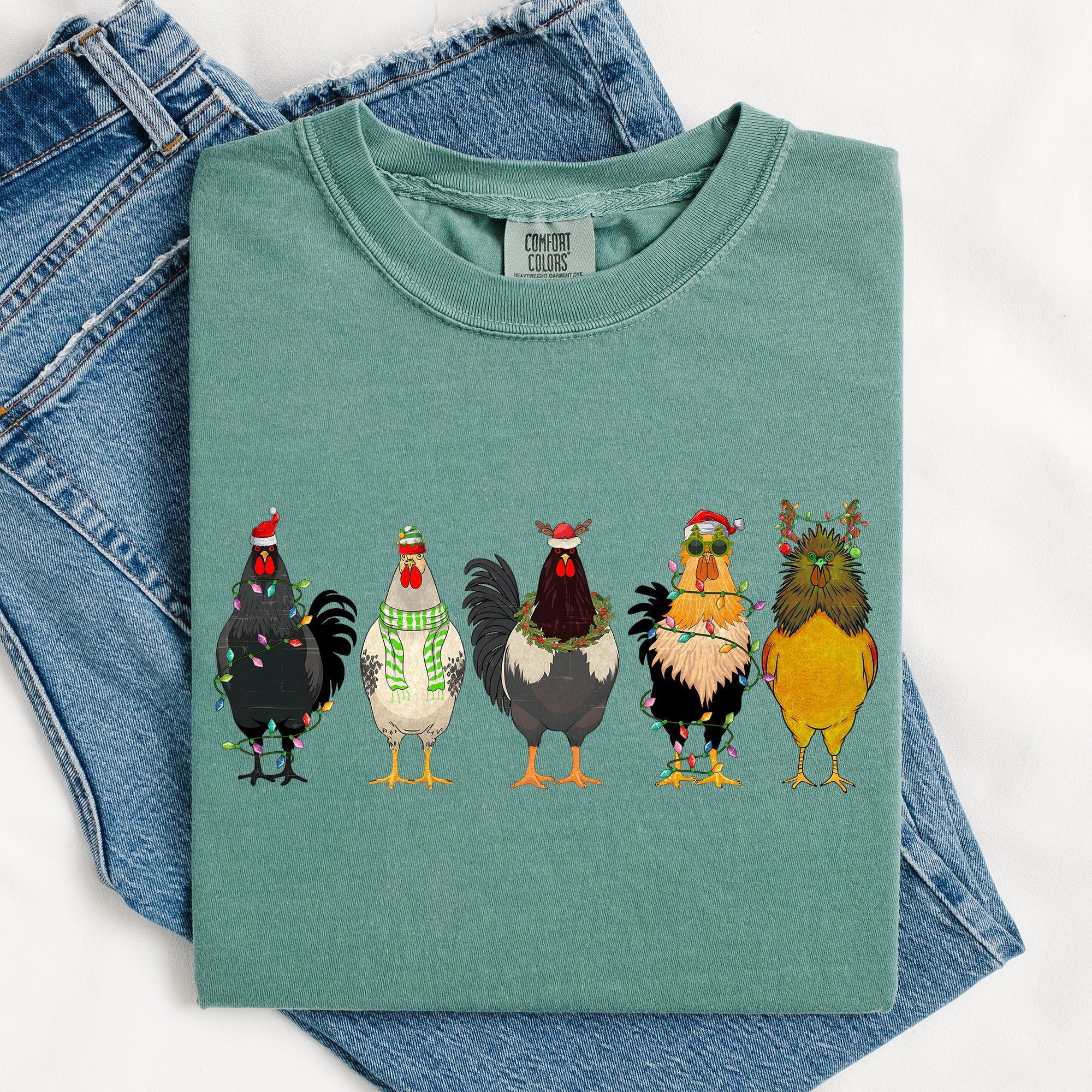 Christmas Chickens Santa Farm Life Winter Snow Xmas Village Holiday Scene Cozy Festive Farmyard Comfort Colors Tee