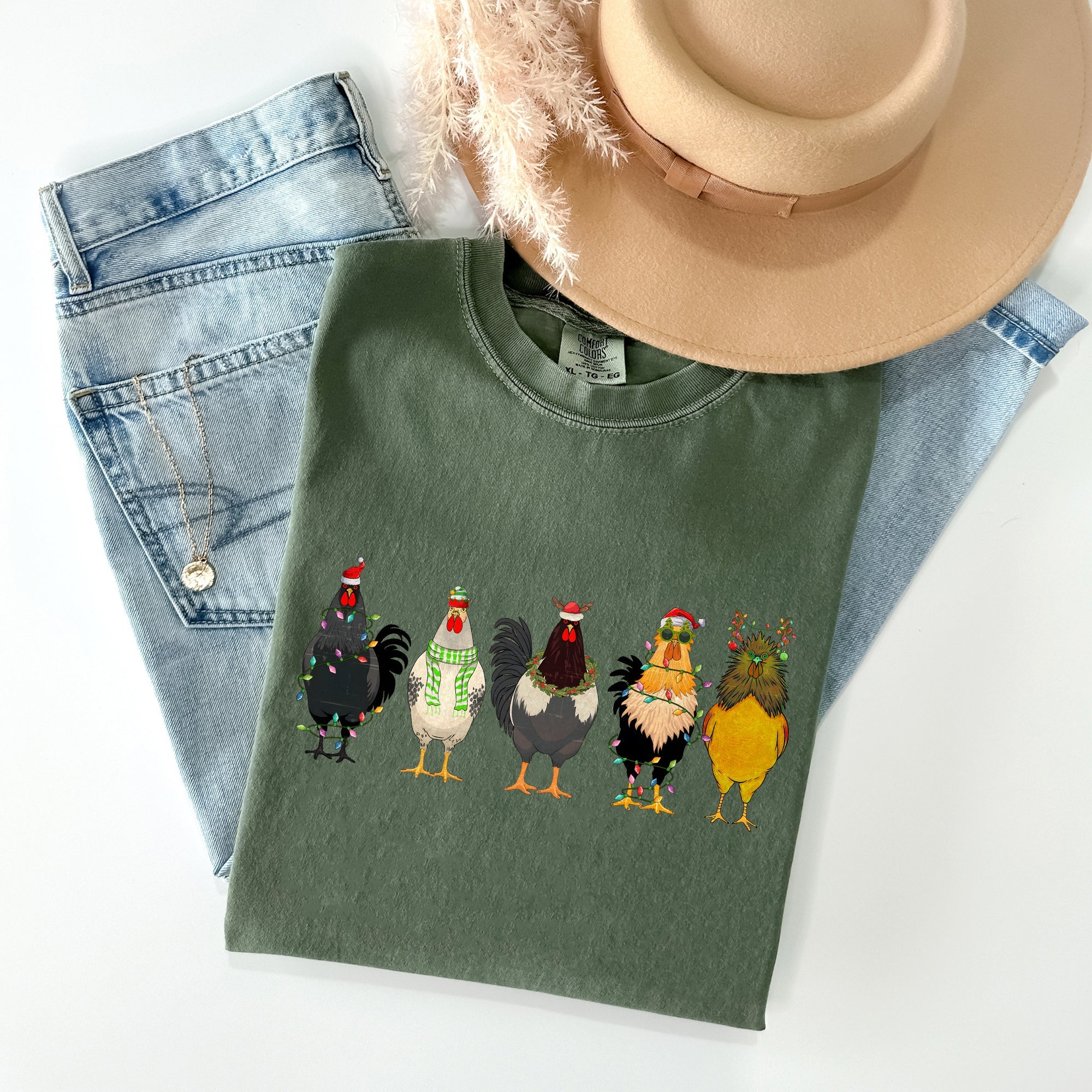 Christmas Chickens Santa Farm Life Winter Snow Xmas Village Holiday Scene Cozy Festive Farmyard Comfort Colors Tee