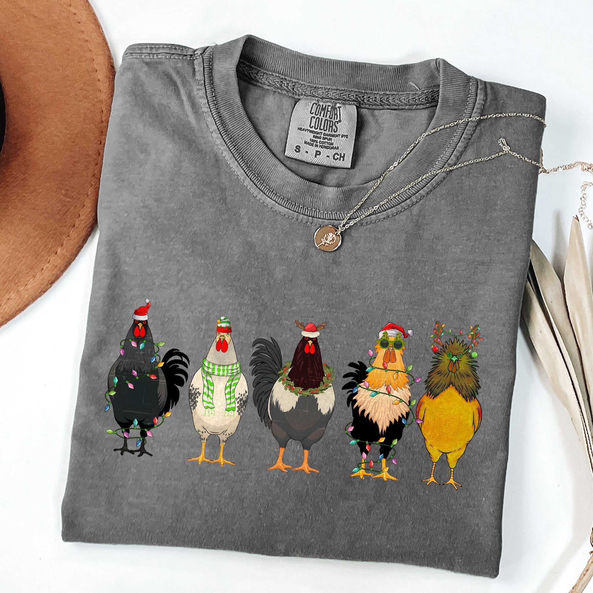 Christmas Chickens Santa Farm Life Winter Snow Xmas Village Holiday Scene Cozy Festive Farmyard Comfort Colors Tee