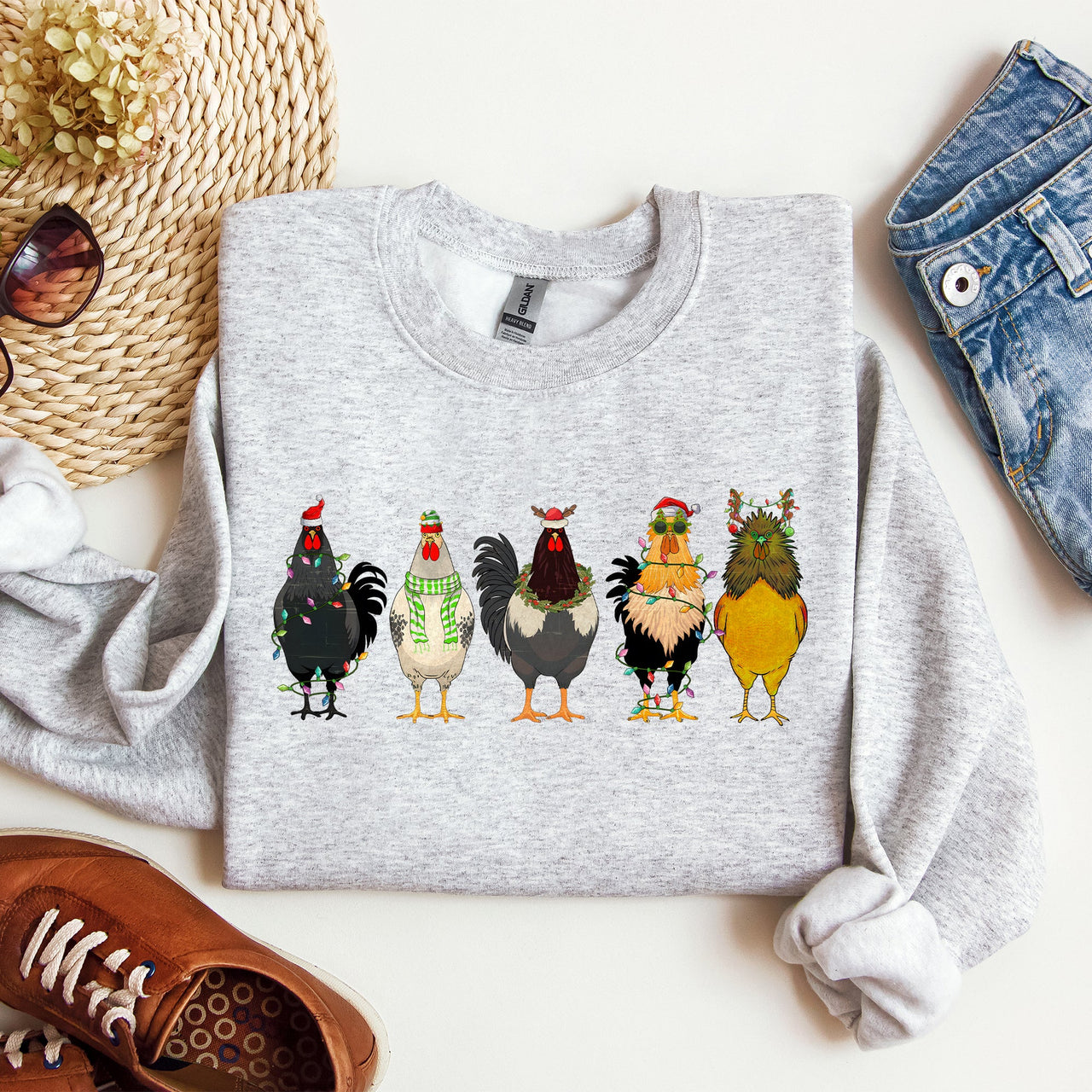 Christmas Chickens Santa Farm Life Winter Snow Cozy Farmhouse Holiday Scene Sweatshirt