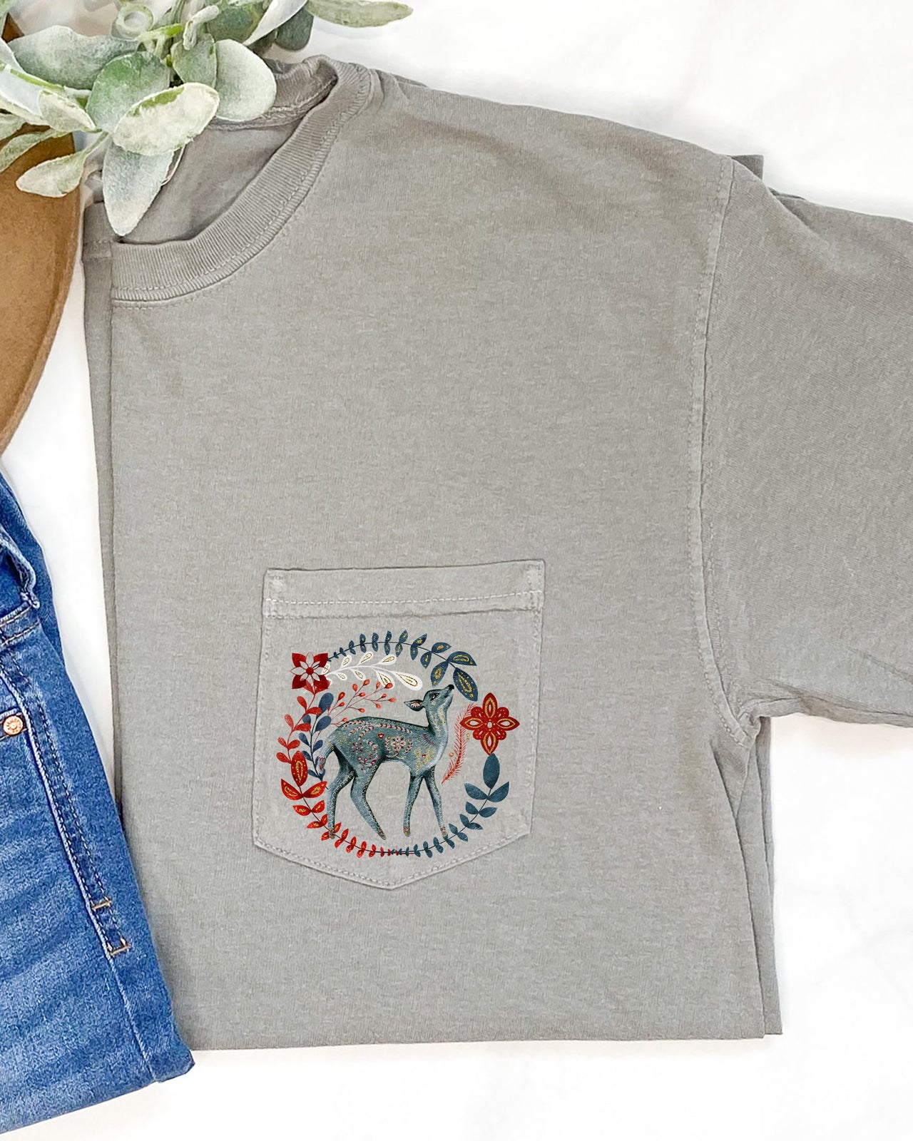 Christmas Deer Pocket Floral Folk Art Santa Winter Snow Xmas Flowers Comfort Colors Tee