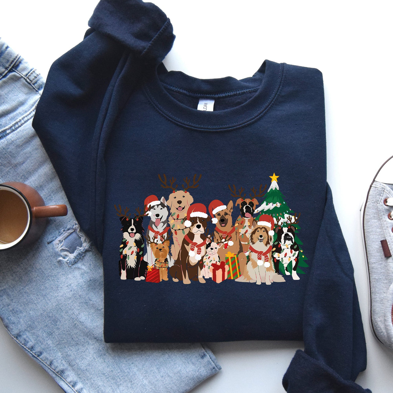 Christmas Dogs Antlers Reindeer Santa Claus Dog Lover Holiday Scene Festive Sweatshirt