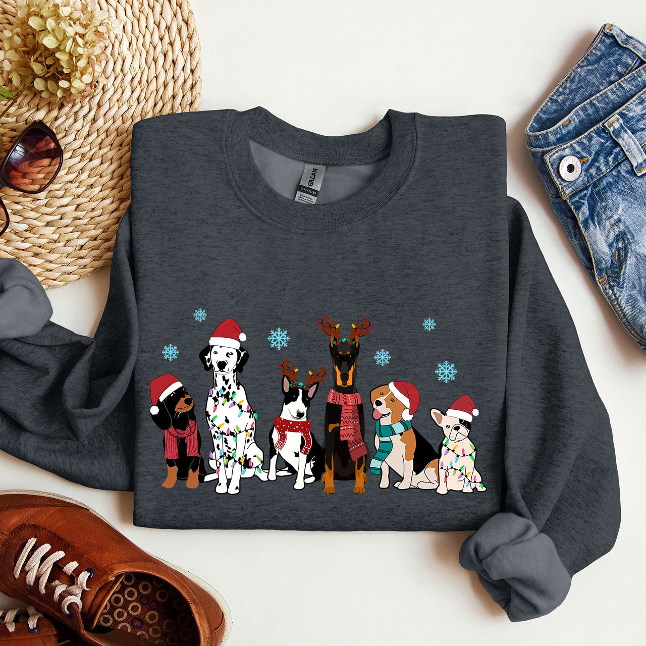 Christmas Dogs Dalmatian Frenchie Santa Dog Lovers Portrait Collection Sweatshirt