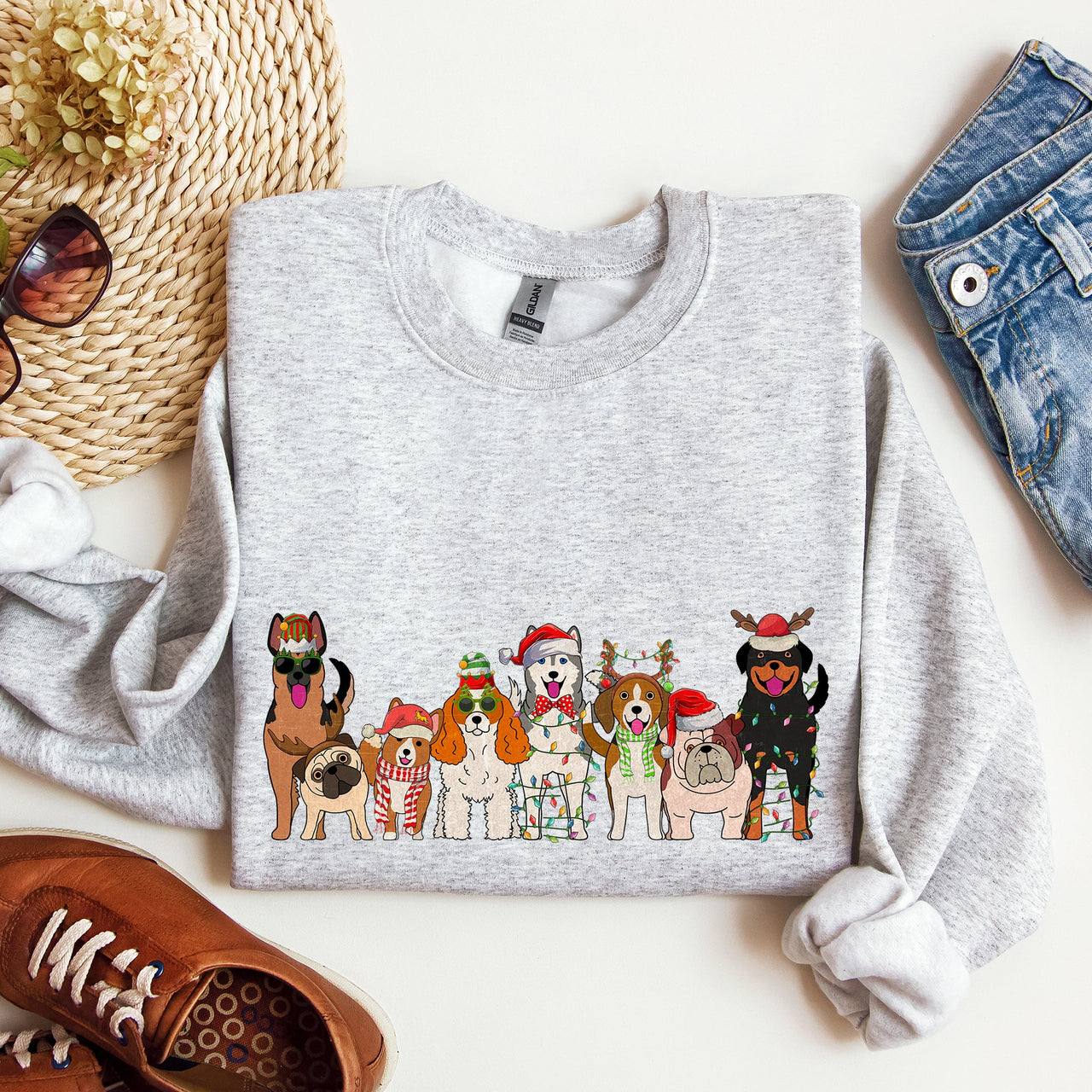 Christmas Dogs Santa Claus Illustration For Dog Lovers Pet Owners Cozy Holiday Sweatshirt