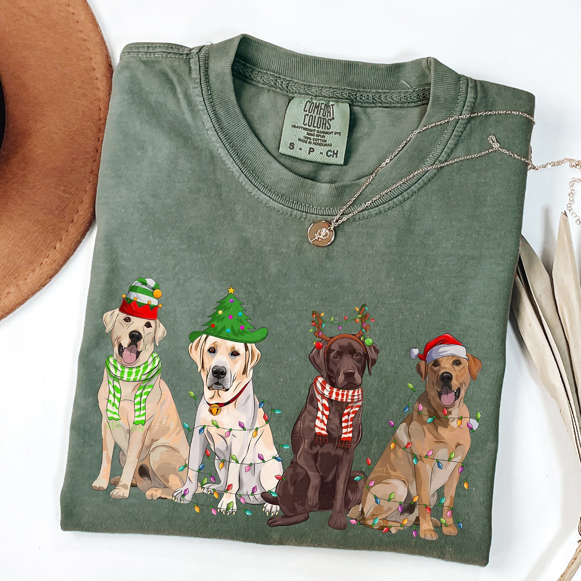 Christmas Dogs Santa Retriever Labrador Holiday Pups In Santa Hats Comfort Colors Tee