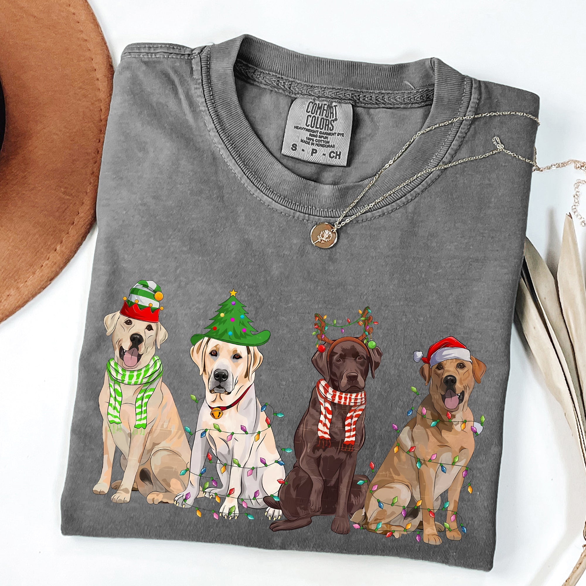 Christmas Dogs Santa Retriever Labrador Holiday Pups In Santa Hats Comfort Colors Tee