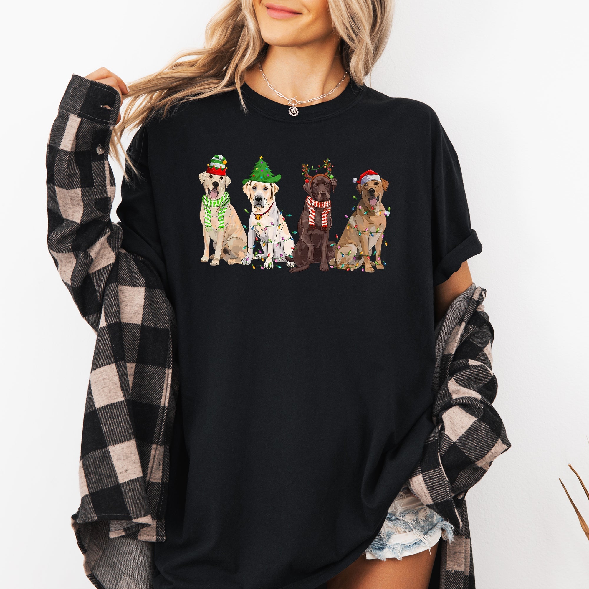 Christmas Dogs Santa Retriever Labrador Holiday Pups In Santa Hats Comfort Colors Tee