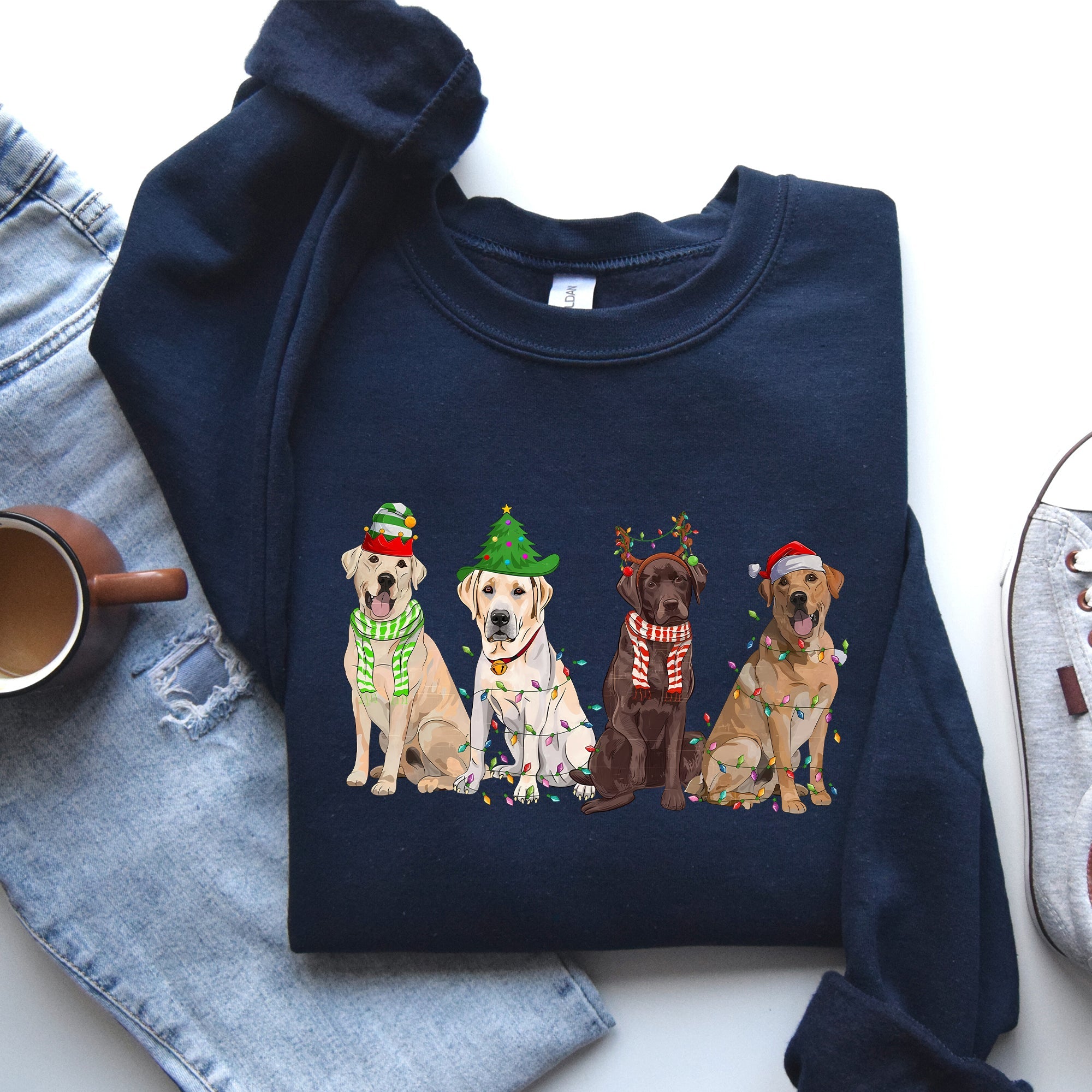 Christmas Dogs Retriever Labrador Santa Claus Holiday Scene Illustration Sweatshirt