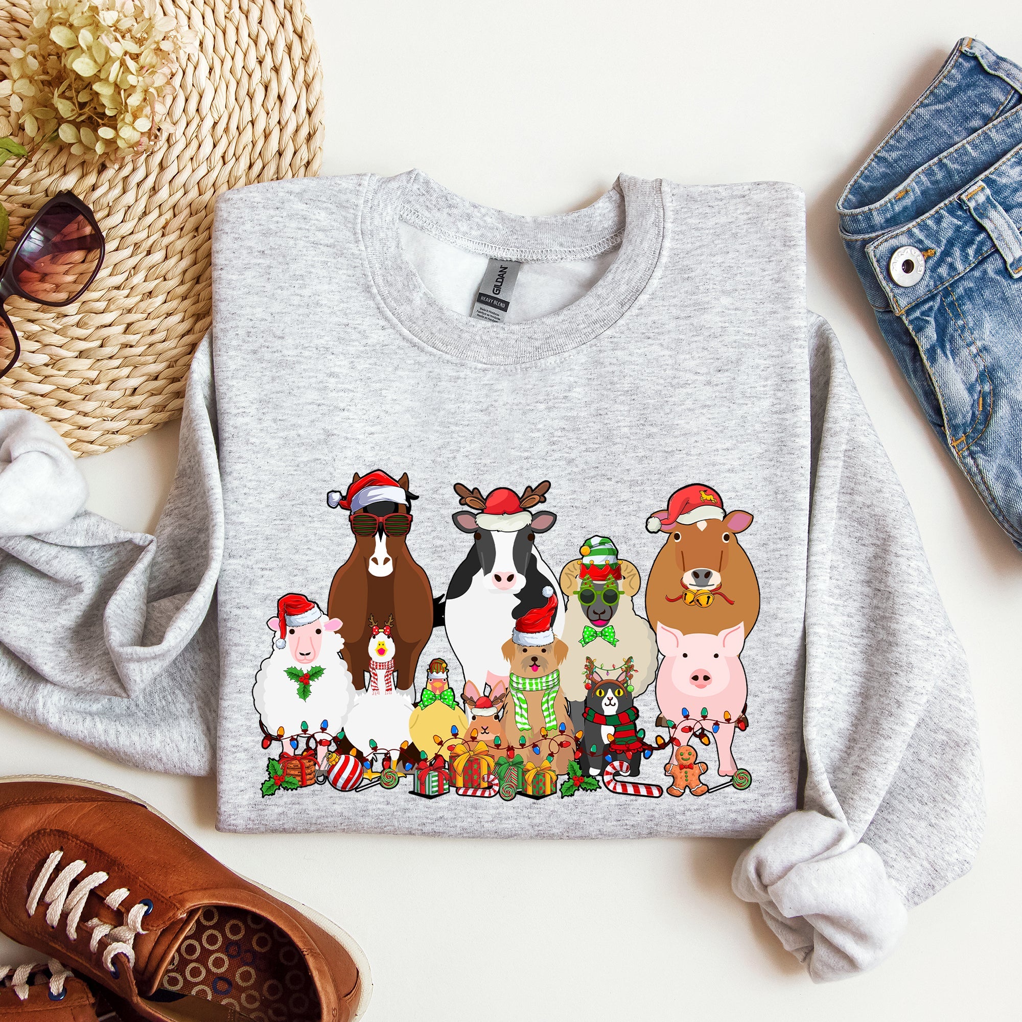 Christmas Farm Animals Farm Life Cow Sheep Horse Chicken Cat Dog Cozy Winter Sweatshirt