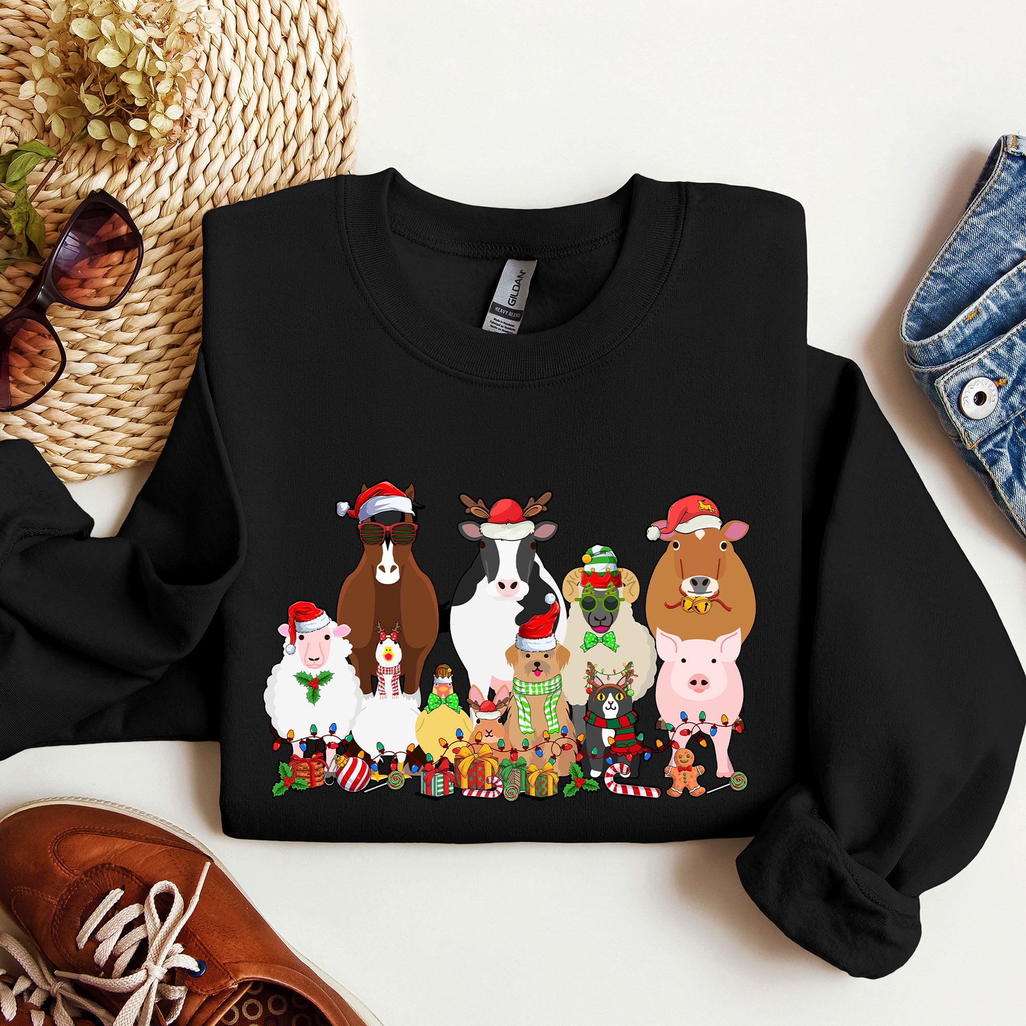 Christmas Farm Animals Farm Life Cow Sheep Horse Chicken Cat Dog Cozy Winter Sweatshirt