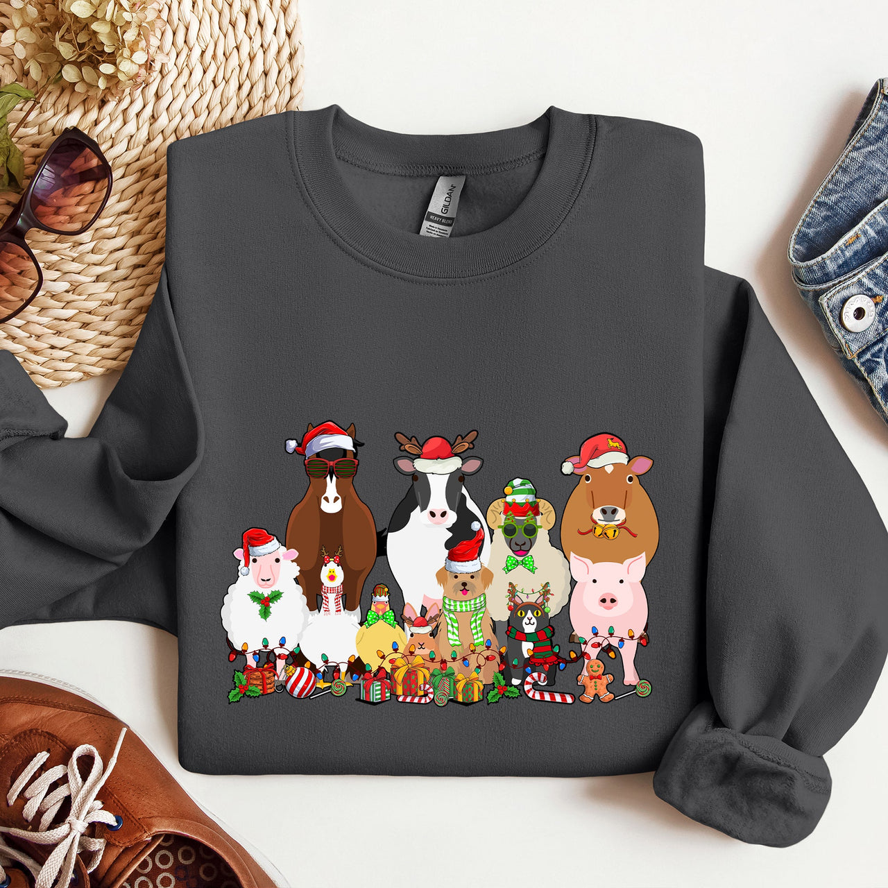 Christmas Farm Animals Farm Life Cow Sheep Horse Chicken Cat Dog Cozy Winter Sweatshirt