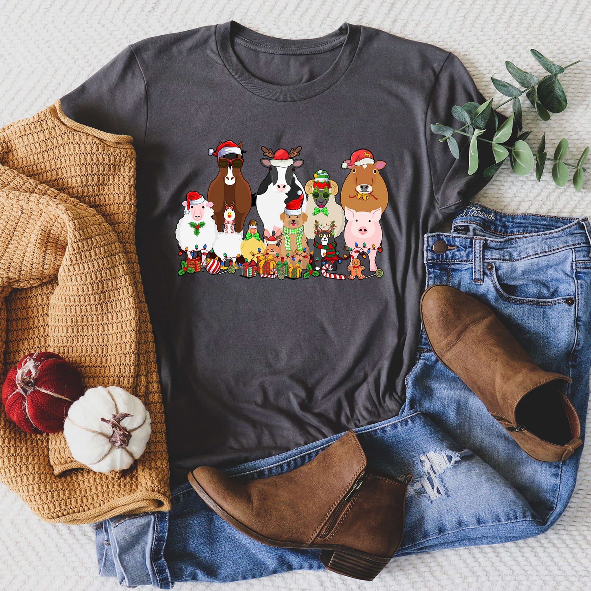 Christmas Farm Animals Farm Life Cow Sheep Horse Chicken Cat Dog Deluxe Graphic Tee