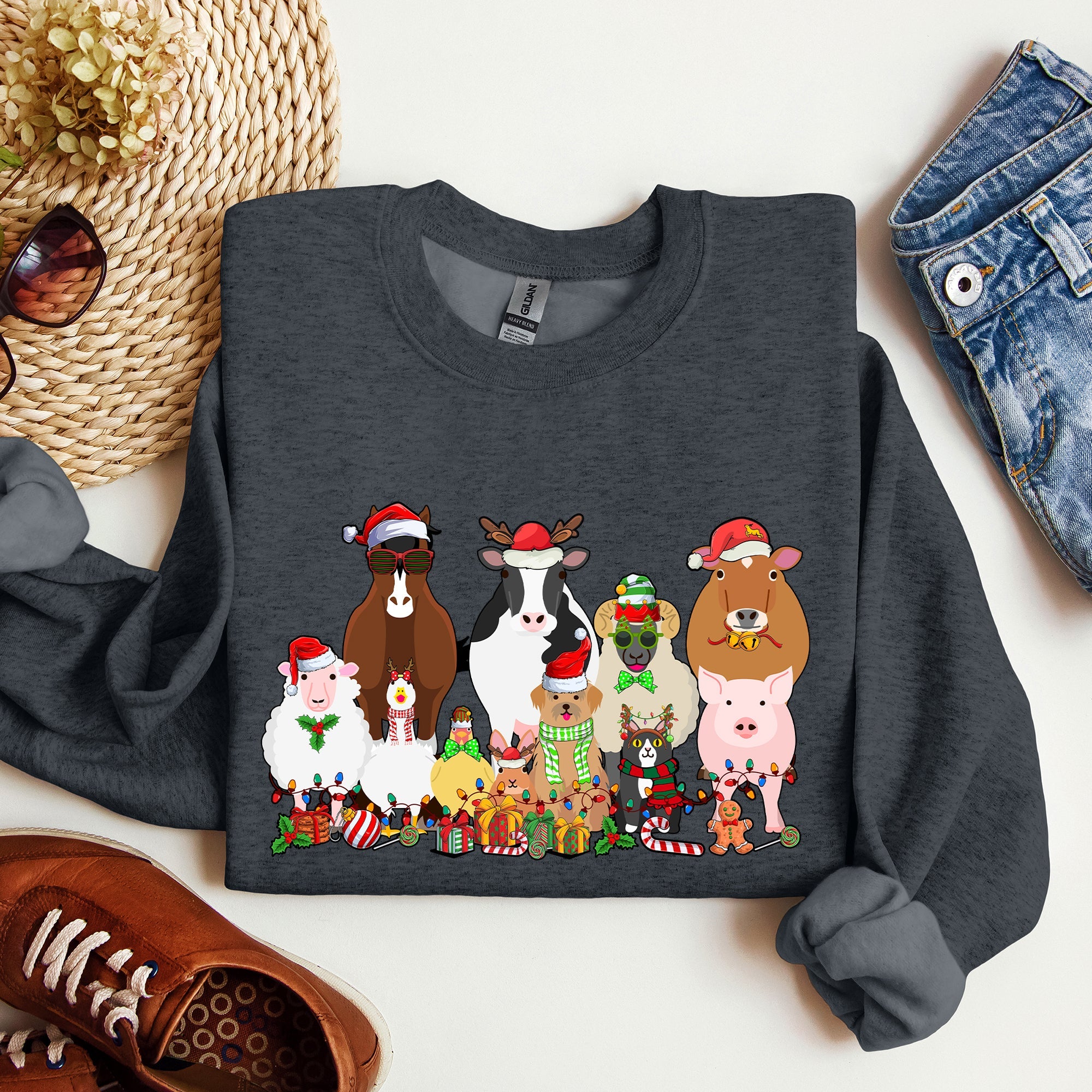 Christmas Farm Animals Farm Life Cow Sheep Horse Chicken Cat Dog Cozy Winter Sweatshirt