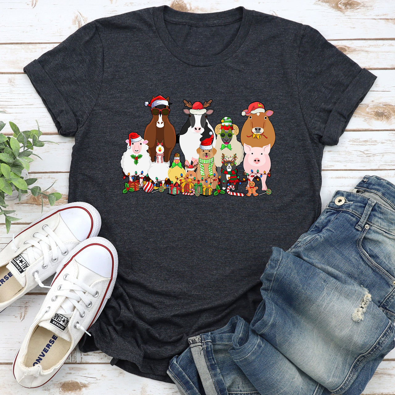 Christmas Farm Animals Farm Life Cow Sheep Horse Chicken Cat Dog Deluxe Graphic Tee