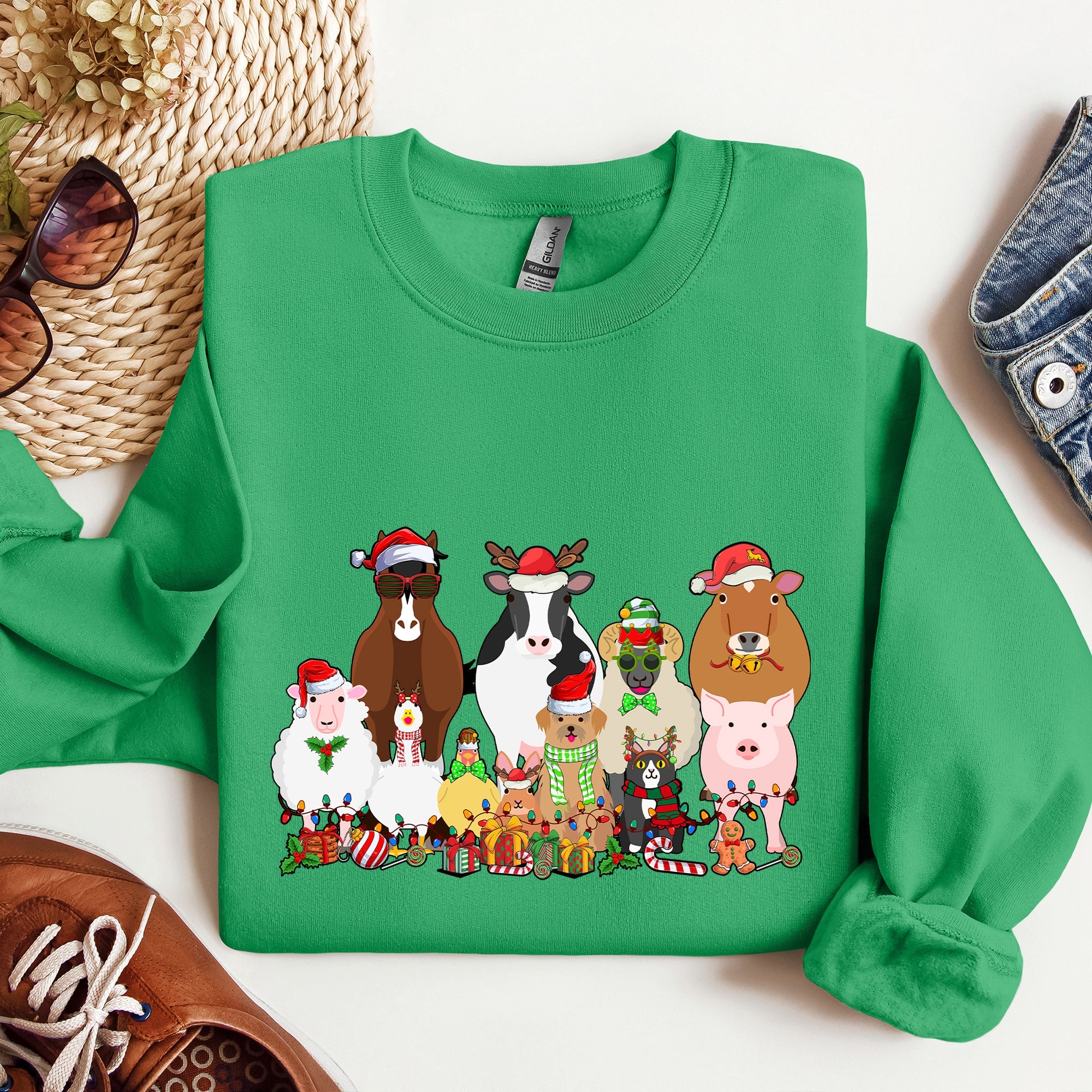 Christmas Farm Animals Farm Life Cow Sheep Horse Chicken Cat Dog Cozy Winter Sweatshirt