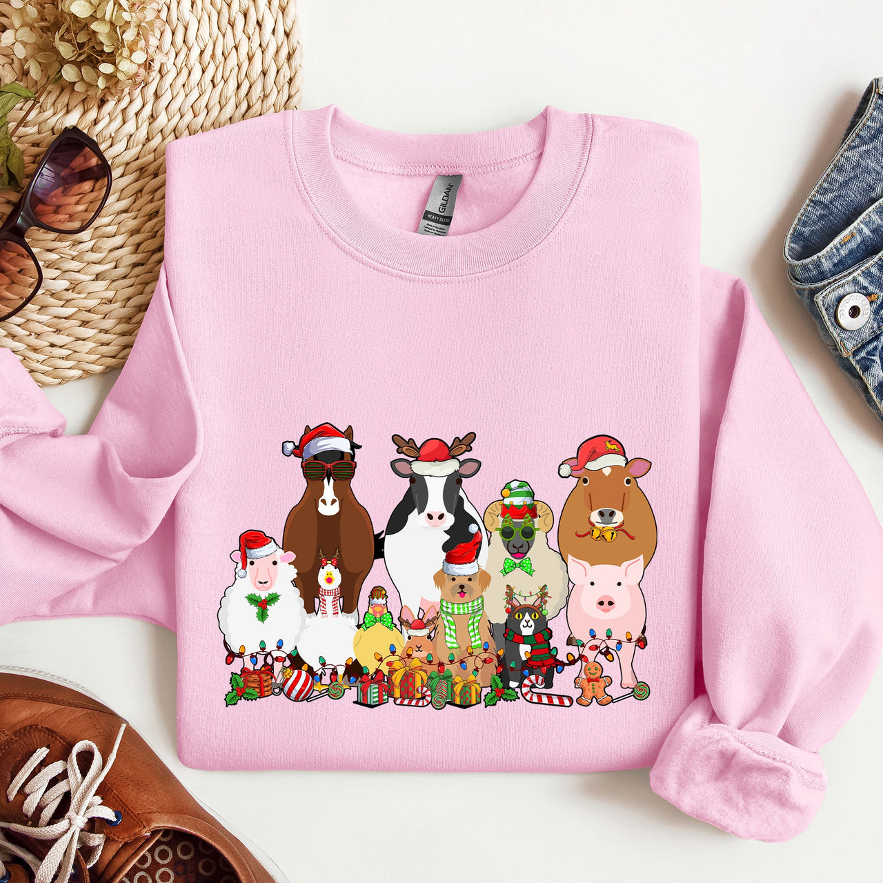 Christmas Farm Animals Farm Life Cow Sheep Horse Chicken Cat Dog Cozy Winter Sweatshirt