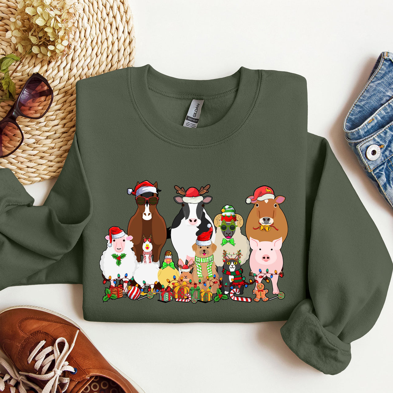 Christmas Farm Animals Farm Life Cow Sheep Horse Chicken Cat Dog Cozy Winter Sweatshirt