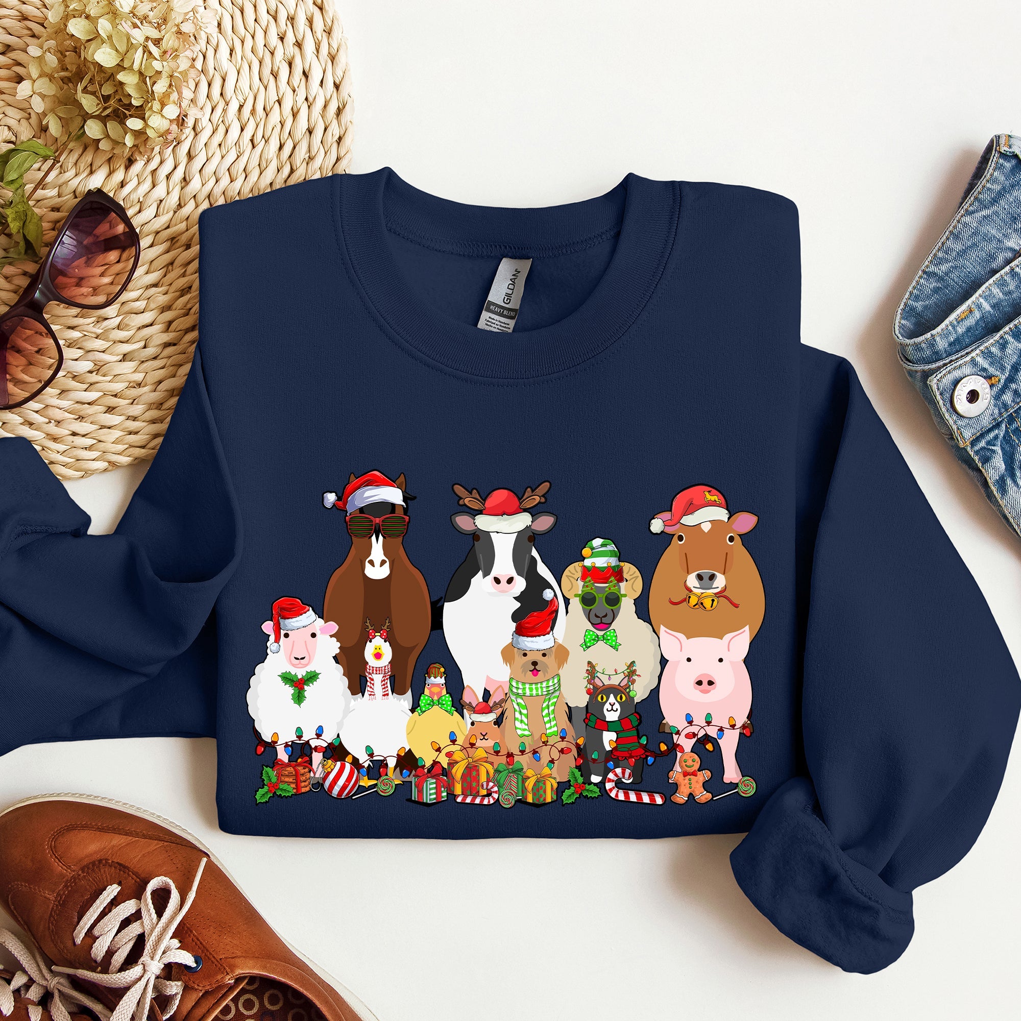Christmas Farm Animals Farm Life Cow Sheep Horse Chicken Cat Dog Cozy Winter Sweatshirt