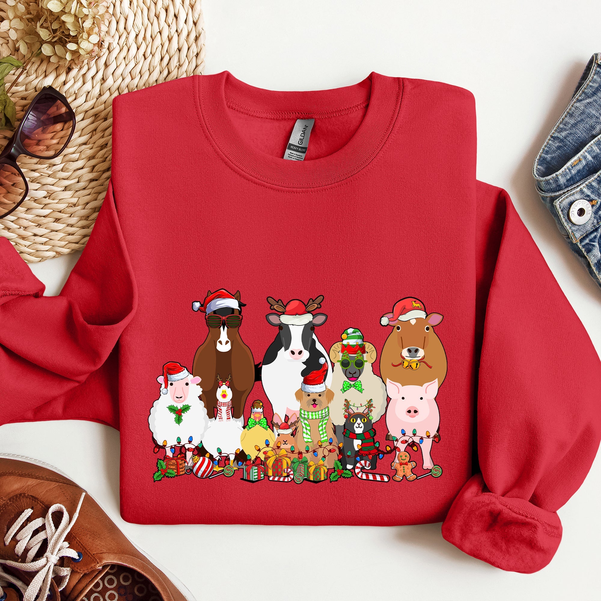 Christmas Farm Animals Farm Life Cow Sheep Horse Chicken Cat Dog Cozy Winter Sweatshirt