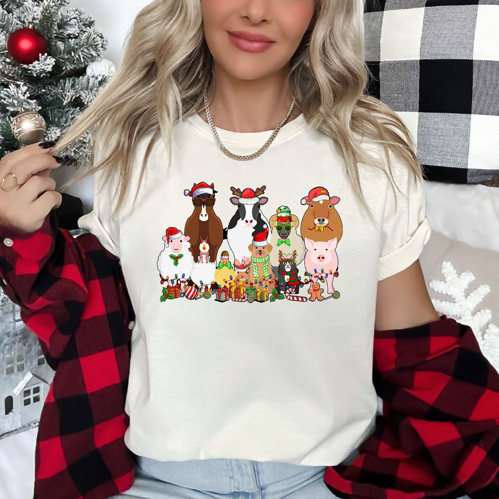 Christmas Farm Animals Farm Life Cow Sheep Horse Chicken Cat Dog Deluxe Graphic Tee