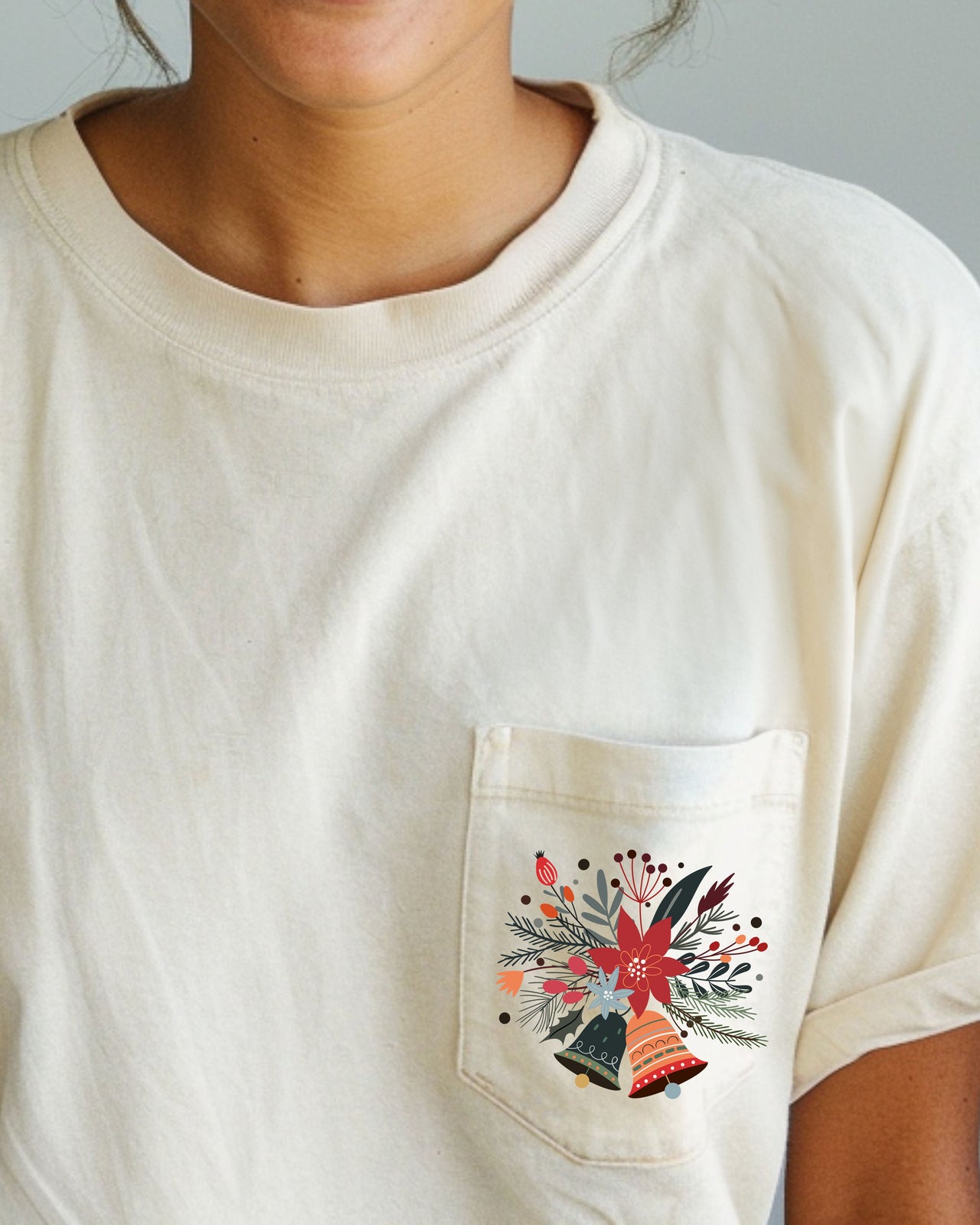 Christmas Flowers, Pocket, Bells, Floral, Poinsettia, Winter, Snow, Botanical, Xmas Comfort Colors Tee