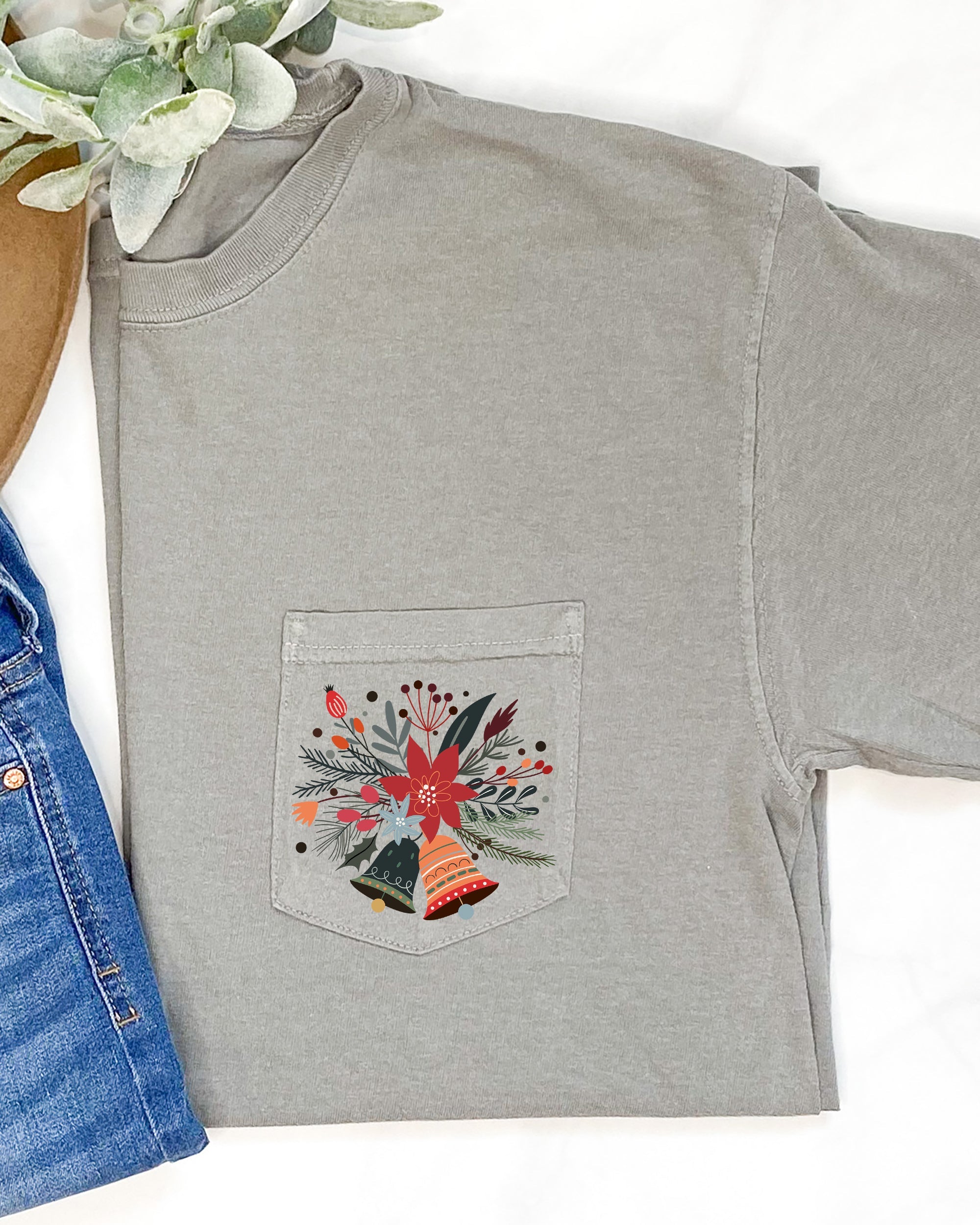 Christmas Flowers, Pocket, Bells, Floral, Poinsettia, Winter, Snow, Botanical, Xmas Comfort Colors Tee