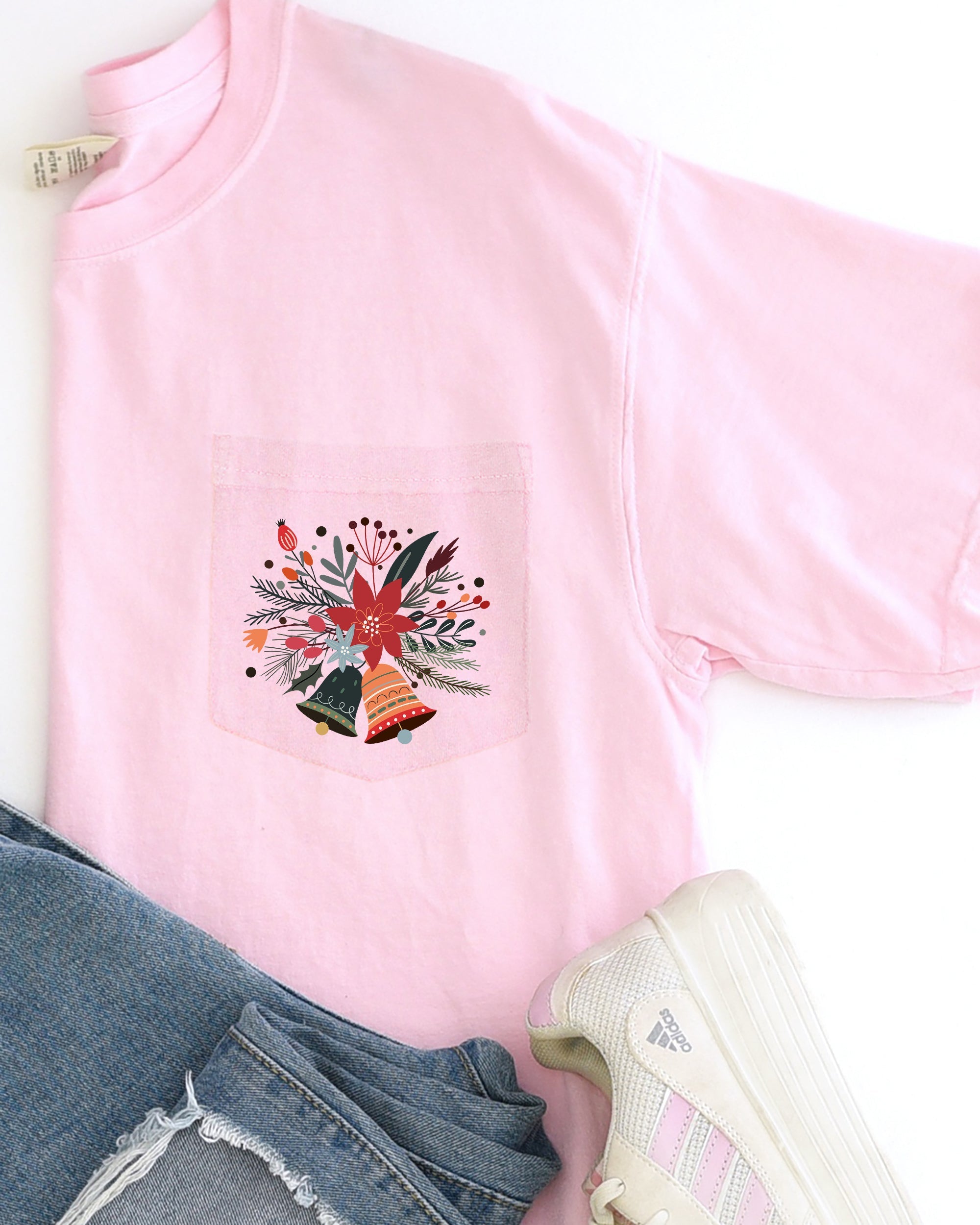 Christmas Flowers, Pocket, Bells, Floral, Poinsettia, Winter, Snow, Botanical, Xmas Comfort Colors Tee
