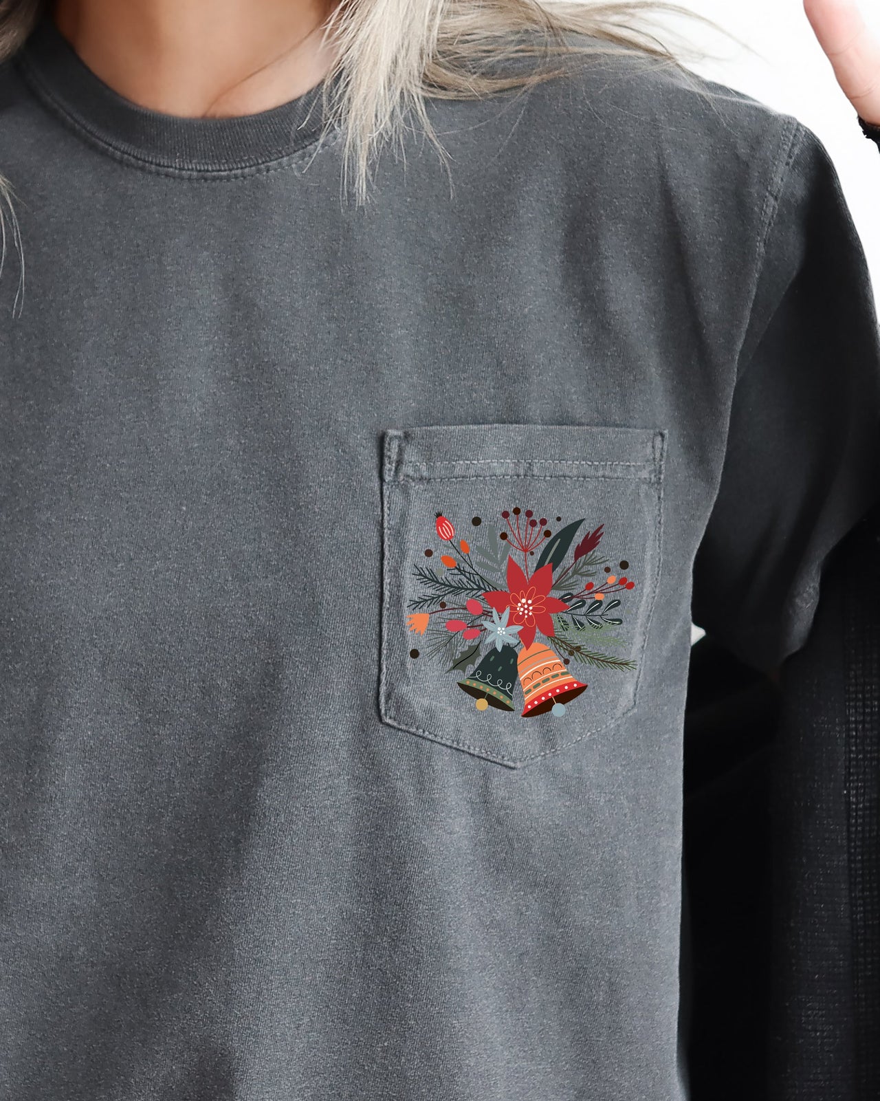 Christmas Flowers, Pocket, Bells, Floral, Poinsettia, Winter, Snow, Botanical, Xmas Comfort Colors Tee