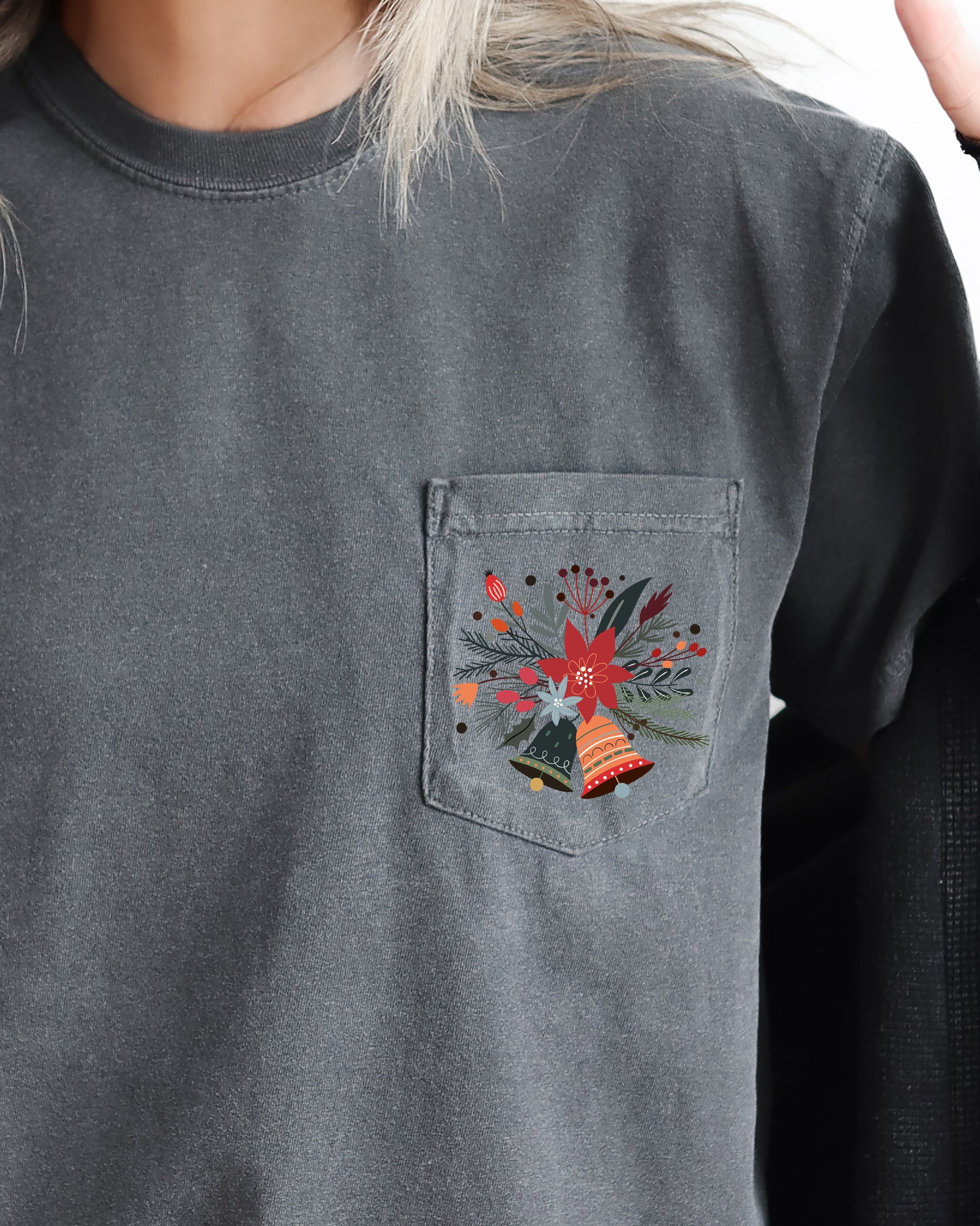 Christmas Flowers, Pocket, Bells, Floral, Poinsettia, Winter, Snow, Botanical, Xmas Comfort Colors Tee