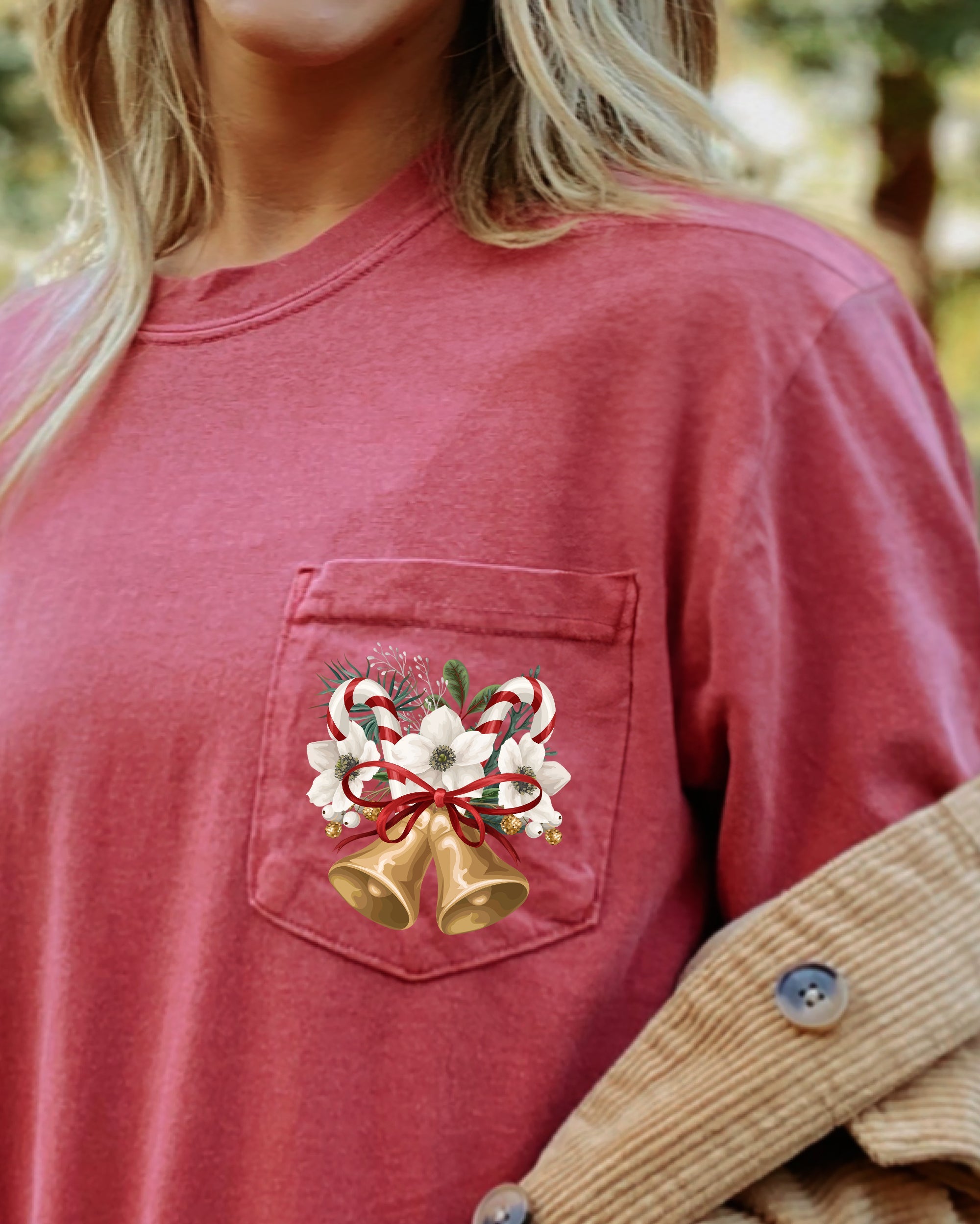 Christmas Flowers Pocket Bells Floral Winter Snow Botanical Xmas Comfort Colors Tee