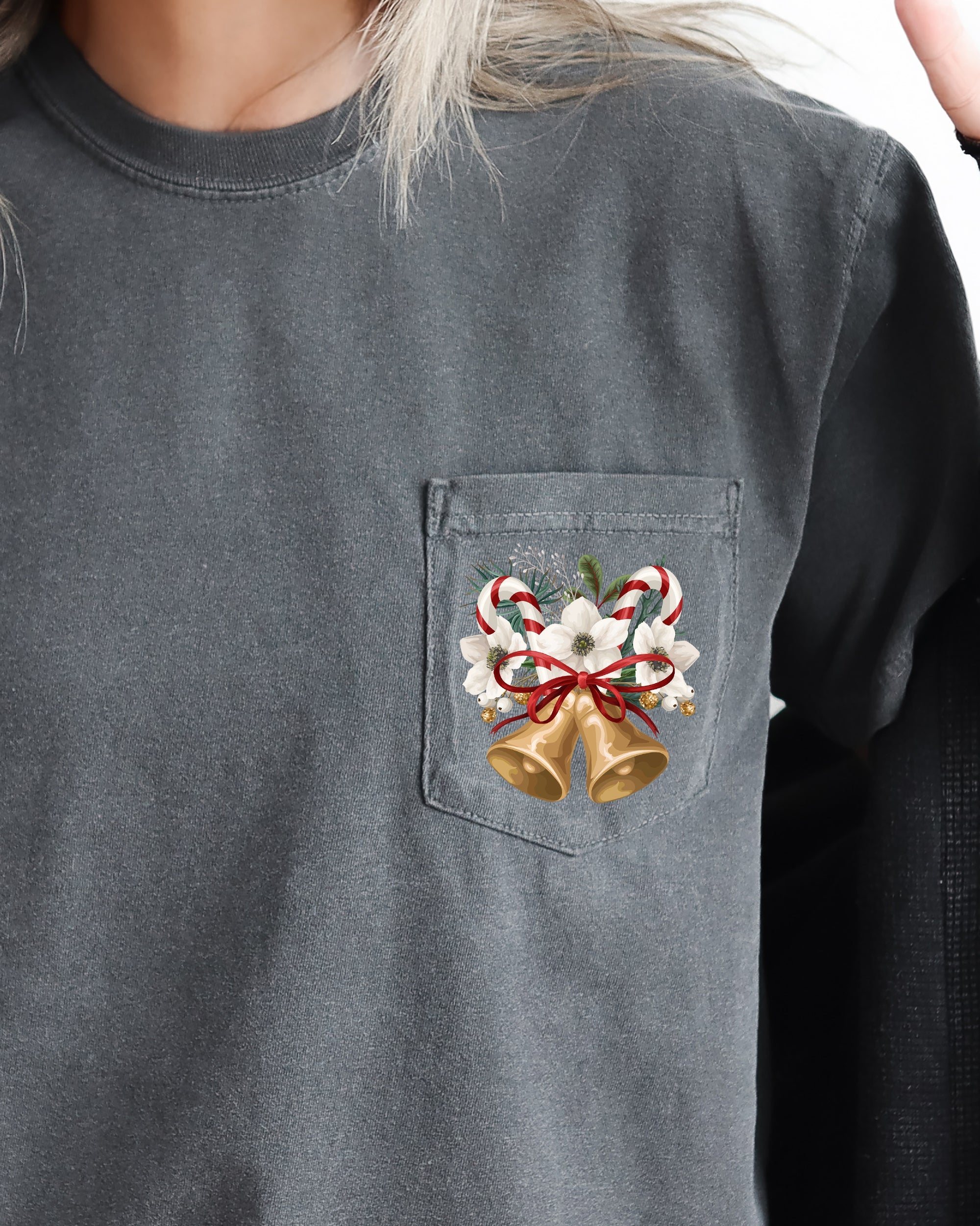 Christmas Flowers Pocket Bells Floral Winter Snow Botanical Xmas Comfort Colors Tee