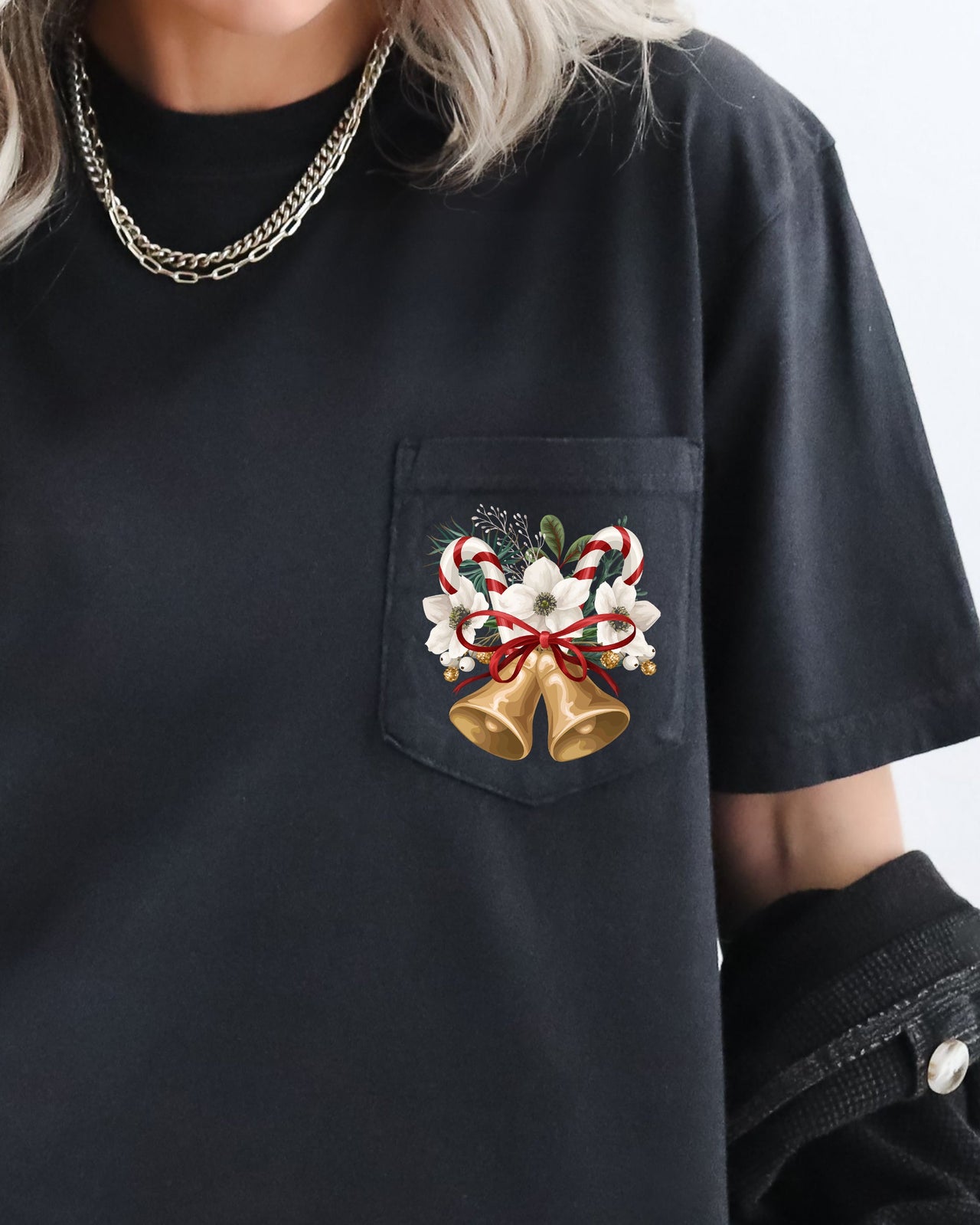 Christmas Flowers Pocket Bells Floral Winter Snow Botanical Xmas Comfort Colors Tee