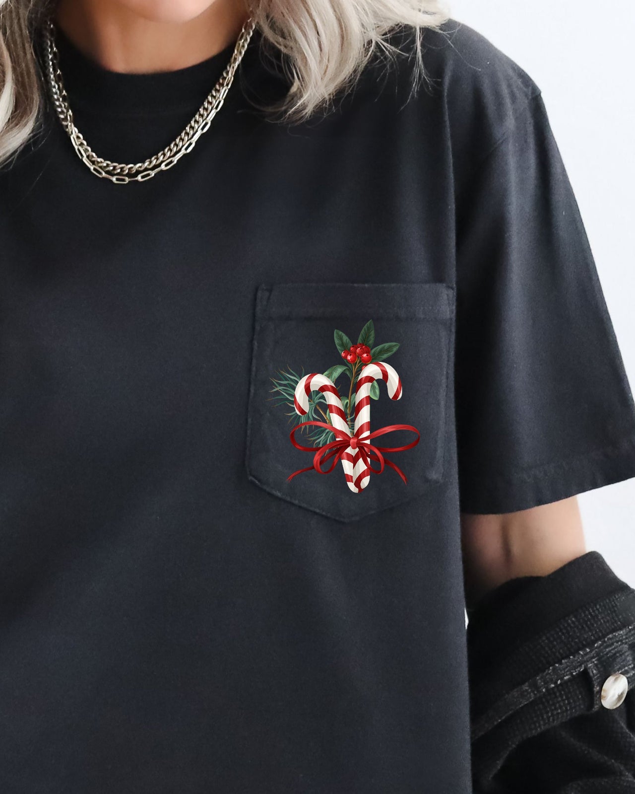 Christmas Flowers Pocket Candy Cane Ribbon Mistletoe Winter Snow Botanical Xmas Comfort Colors Tee